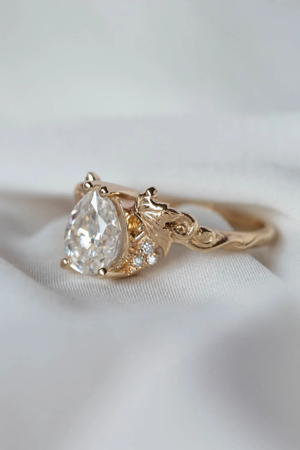 1.1 carat lab grown diamond engagement ring, gold leaves proposal ring with diamonds / Vineyard