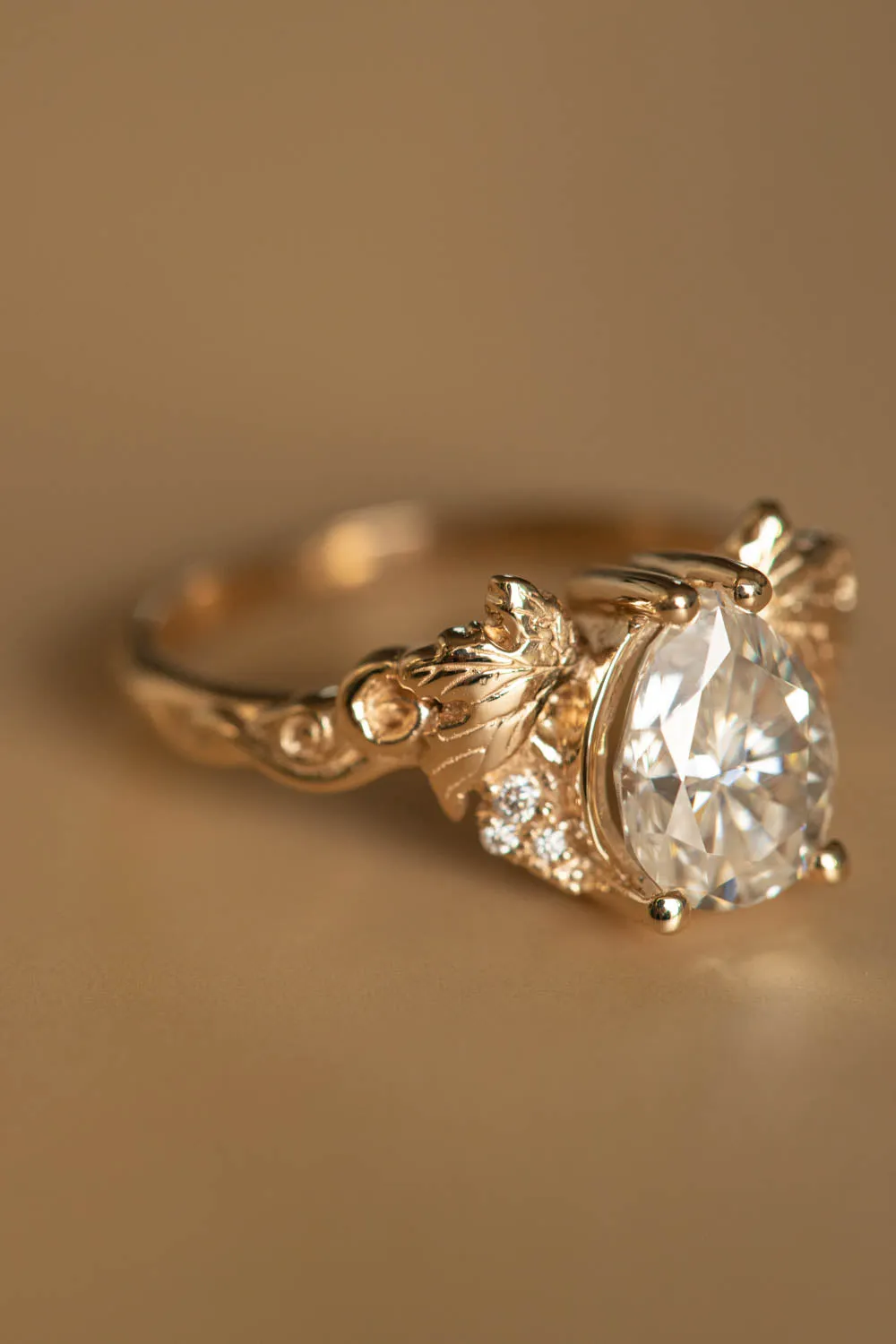 1.1 carat lab grown diamond engagement ring, gold leaves proposal ring with diamonds / Vineyard