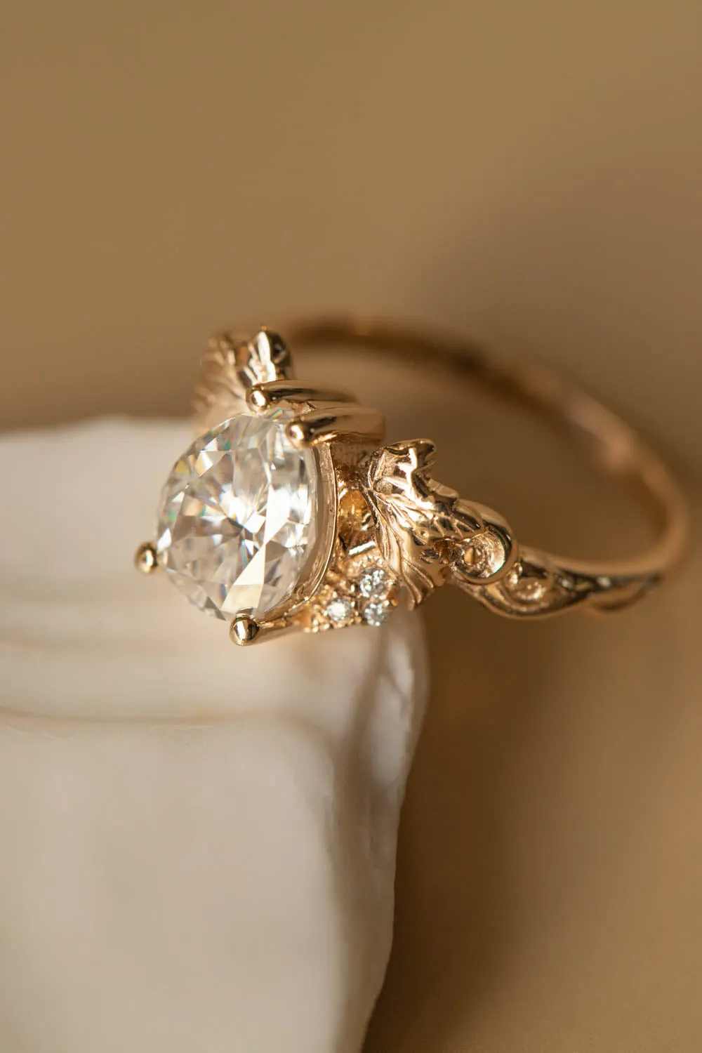 1.1 carat lab grown diamond engagement ring, gold leaves proposal ring with diamonds / Vineyard