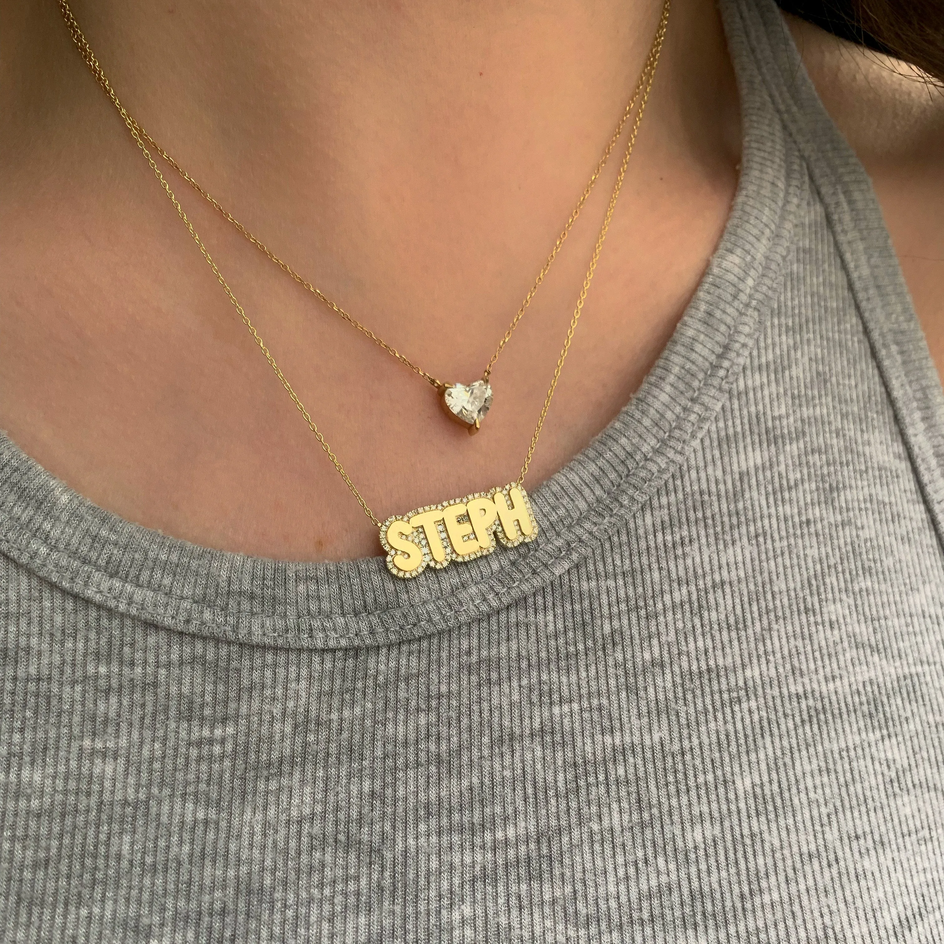 14K Gold Diamond Bubble Name Necklace