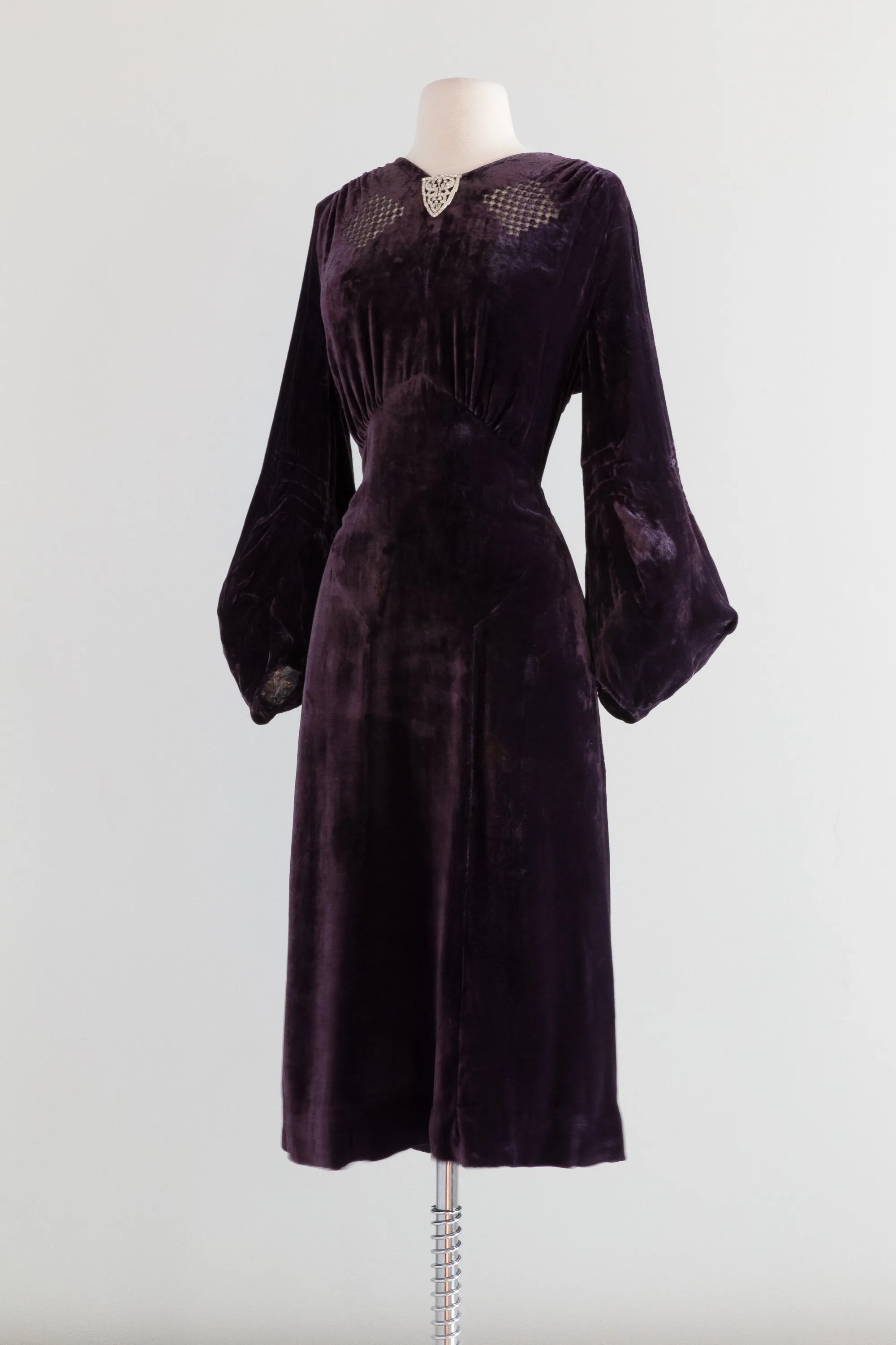 1930's Aubergine Silk Velvet Dress With Burnout Velvet Bishop Sleeves / Large