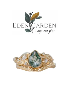 5 instalments payment plan: Moss agate and marquise diamonds engagement ring set / Patricia