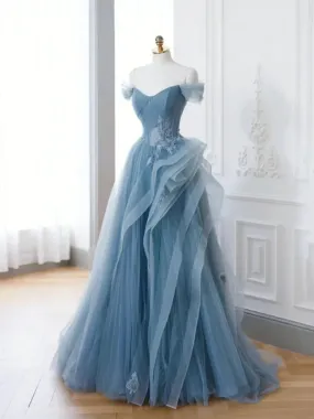 A Line Off Shoulder Blue Lace Long Prom Dresses, Blue Tulle Formal Dresses, Blue Evening Dresses with Appliques SP2911