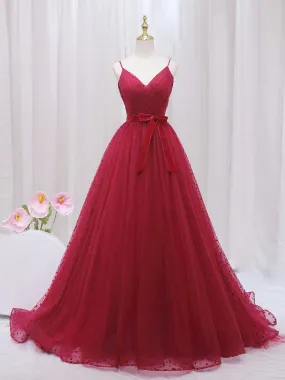 A-Line V Neck Tulle Burgundy Long Prom Dress, Burgundy Formal Dresses