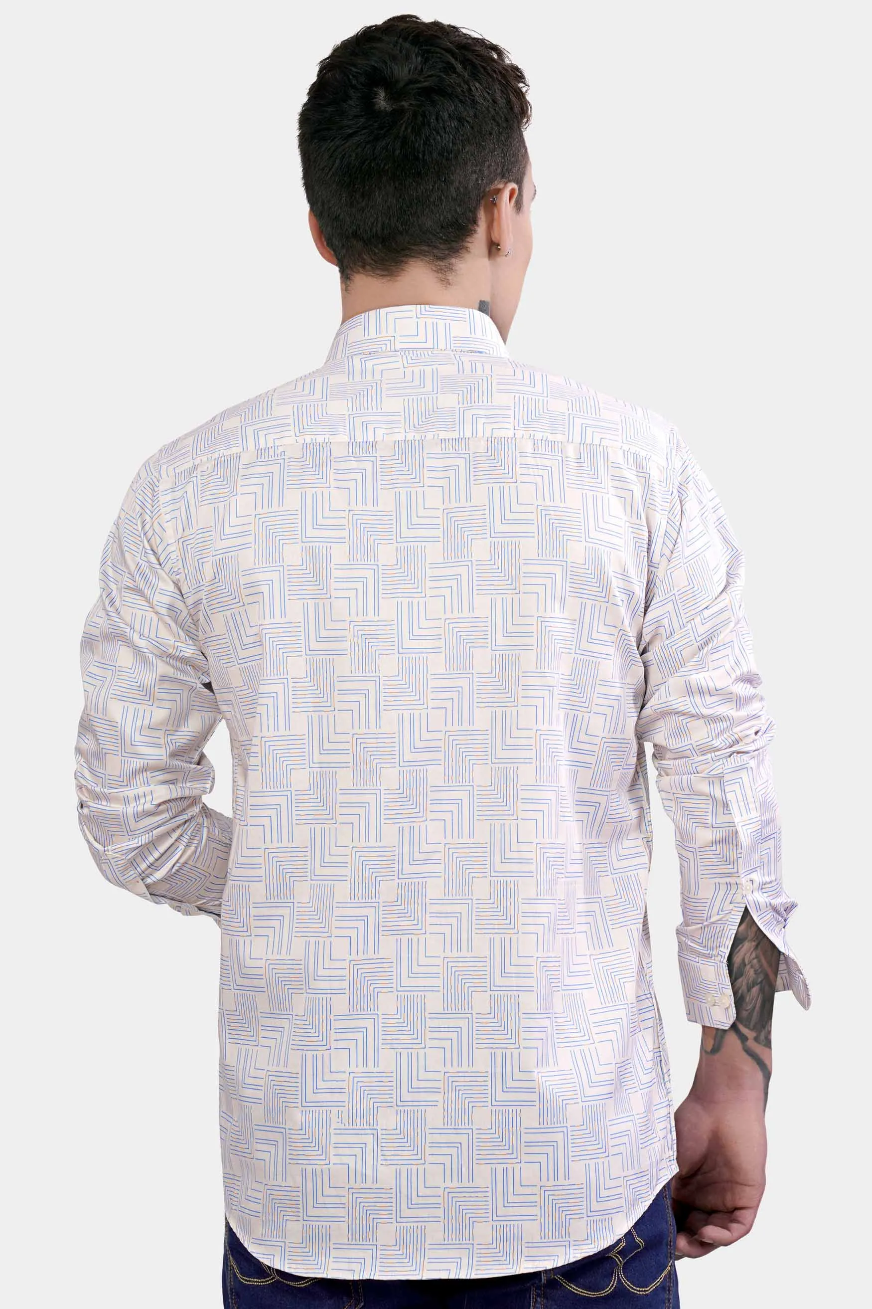 Almond Cream and Danube Blue Printed Subtle Sheen Super Soft Premium Cotton Shirt