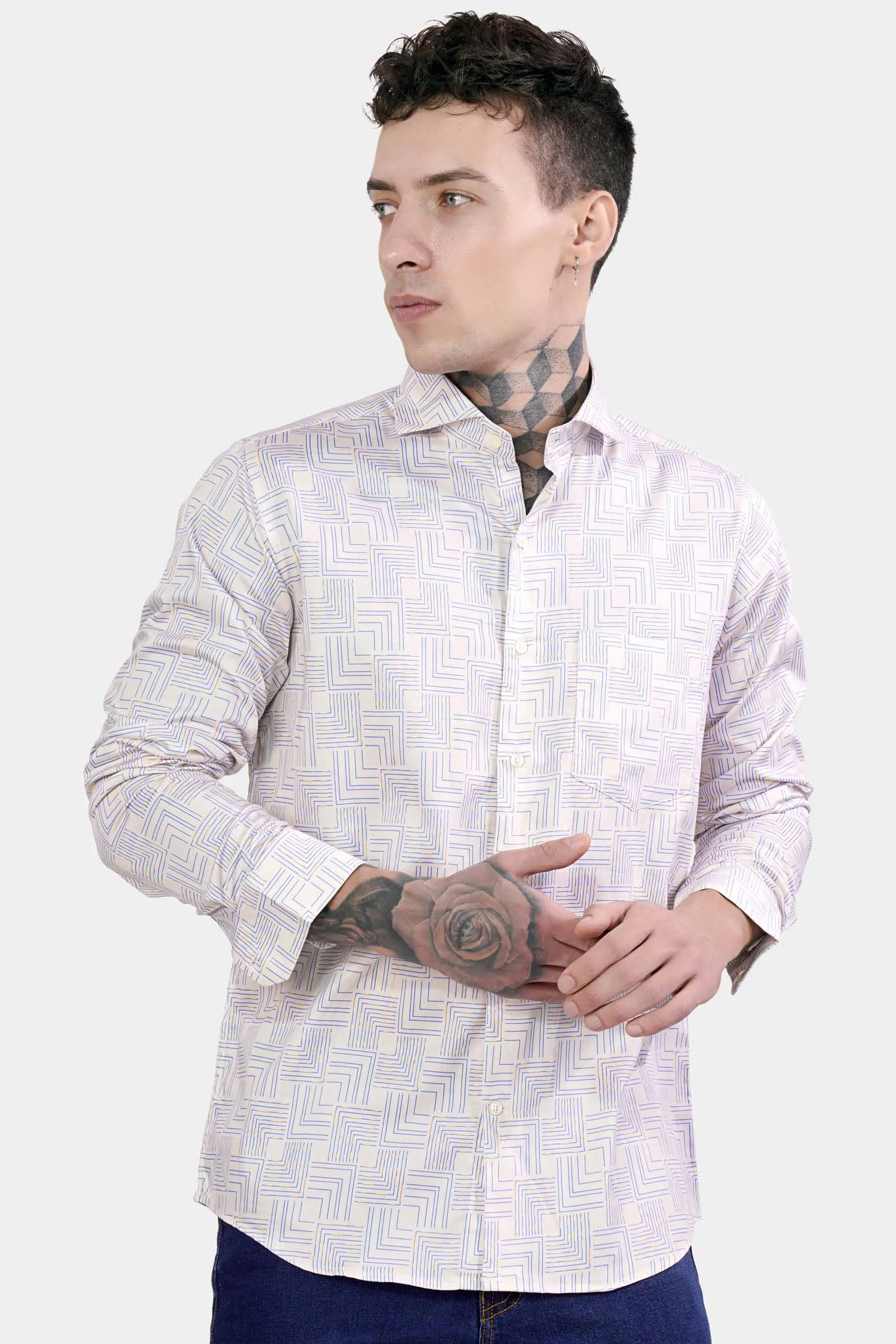 Almond Cream and Danube Blue Printed Subtle Sheen Super Soft Premium Cotton Shirt