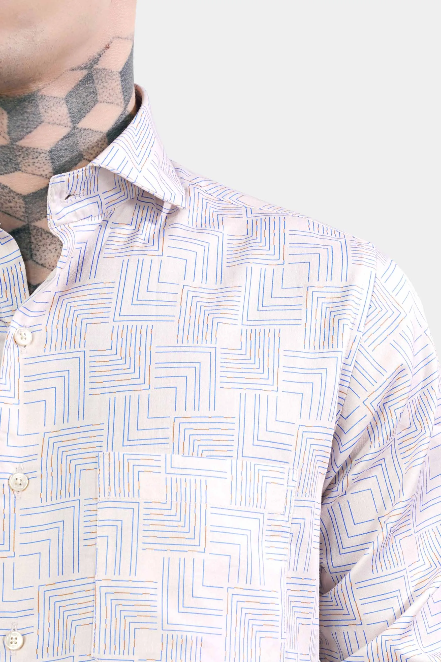 Almond Cream and Danube Blue Printed Subtle Sheen Super Soft Premium Cotton Shirt