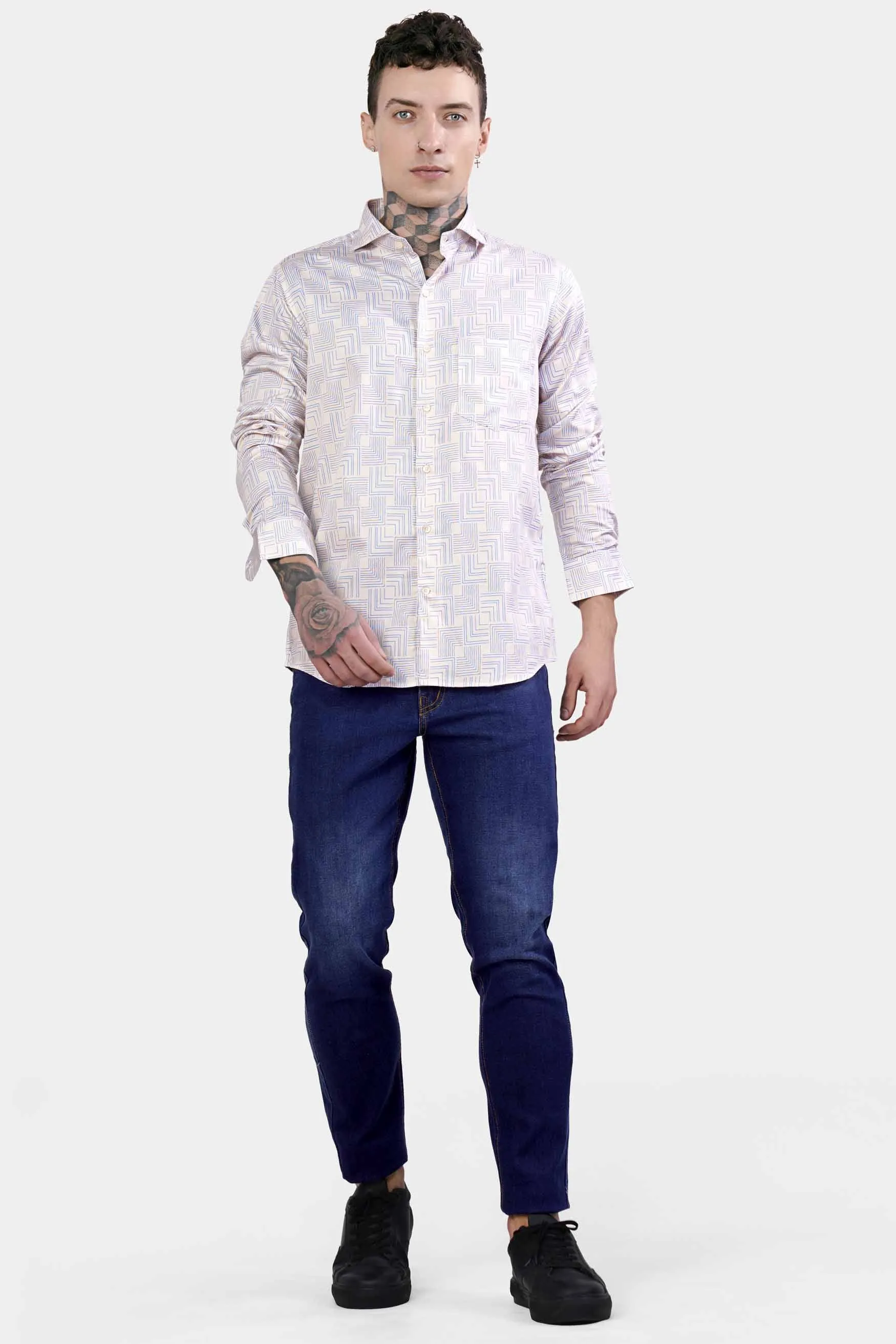 Almond Cream and Danube Blue Printed Subtle Sheen Super Soft Premium Cotton Shirt