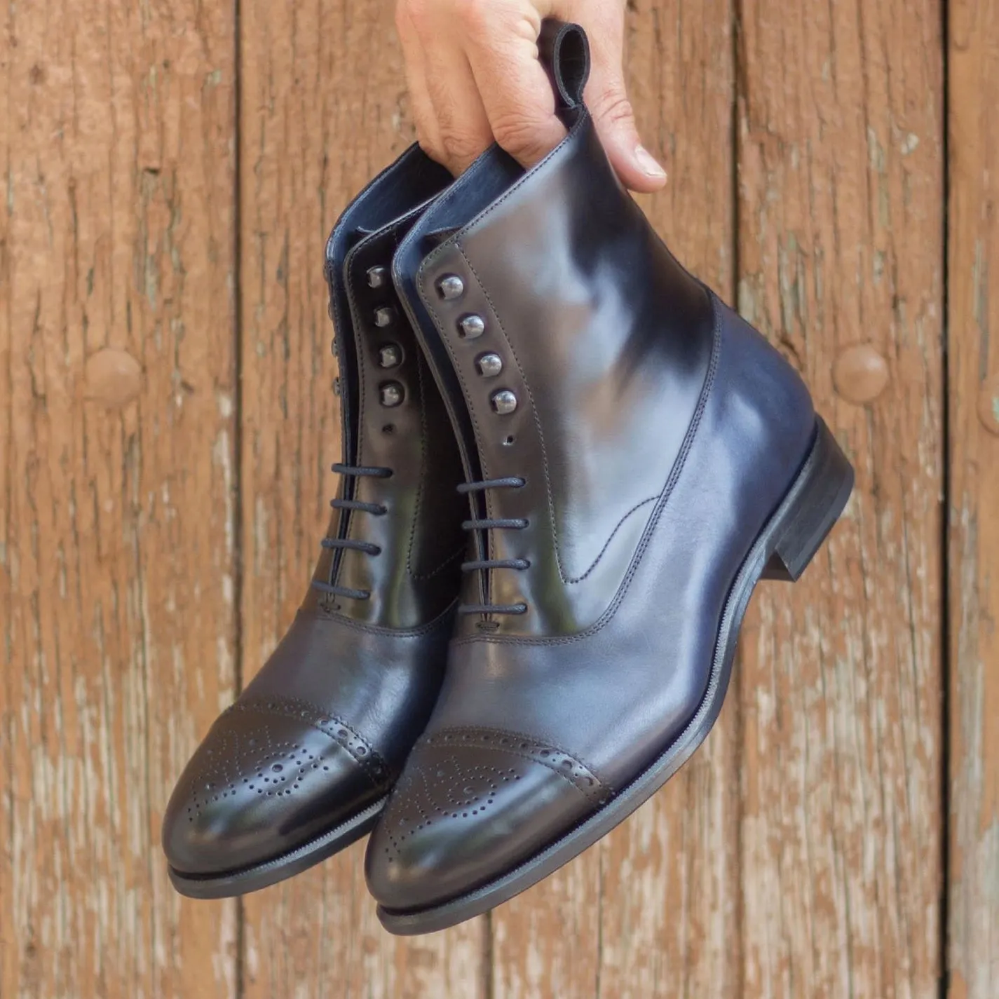 Ambrogio Bespoke Custom Men's Shoes Black & Navy Polished / Calf-Skin Leather Balmoral Boots (AMB1878)