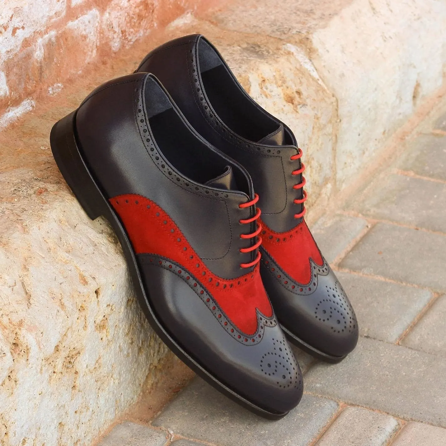 Ambrogio Bespoke Custom Men's Shoes Navy & Red Suede / Calf-Skin Leather Wingtip Oxfords (AMB1924)