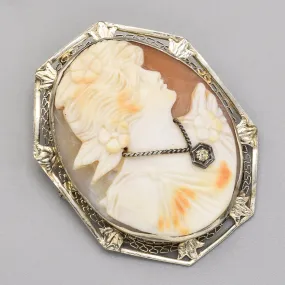 Antique 14K White Gold Cameo & Old Euro Cut Diamond Pendant Brooch