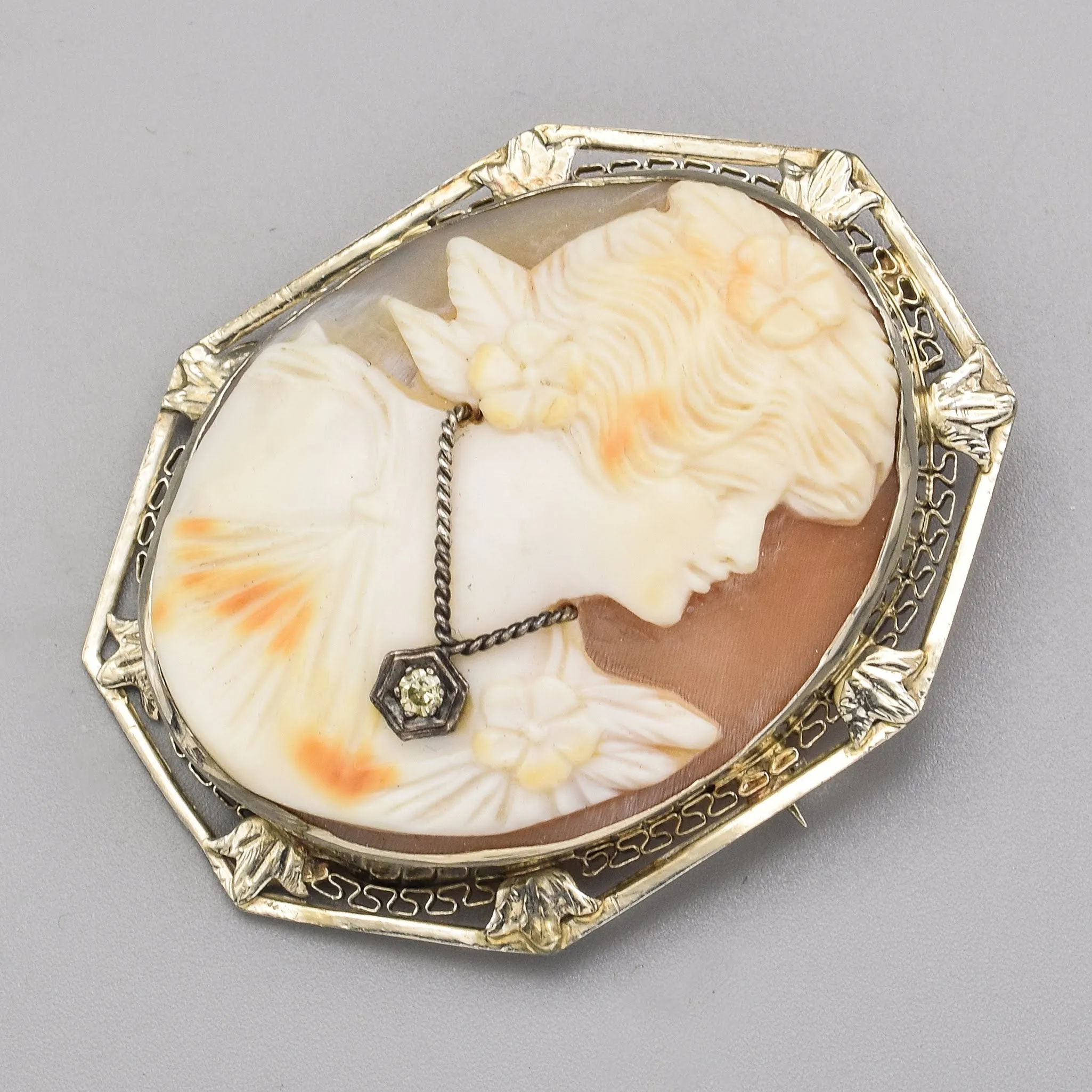 Antique 14K White Gold Cameo & Old Euro Cut Diamond Pendant Brooch