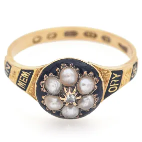 Antique 18K Yellow Gold Sea Pearl & Diamond Mourning Band Ring Size 6.5