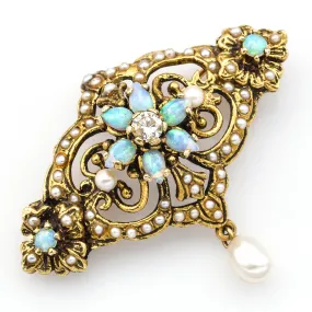 Antique Victorian 14K Gold Opal, Diamond & Sea Pearl Brooch Pin