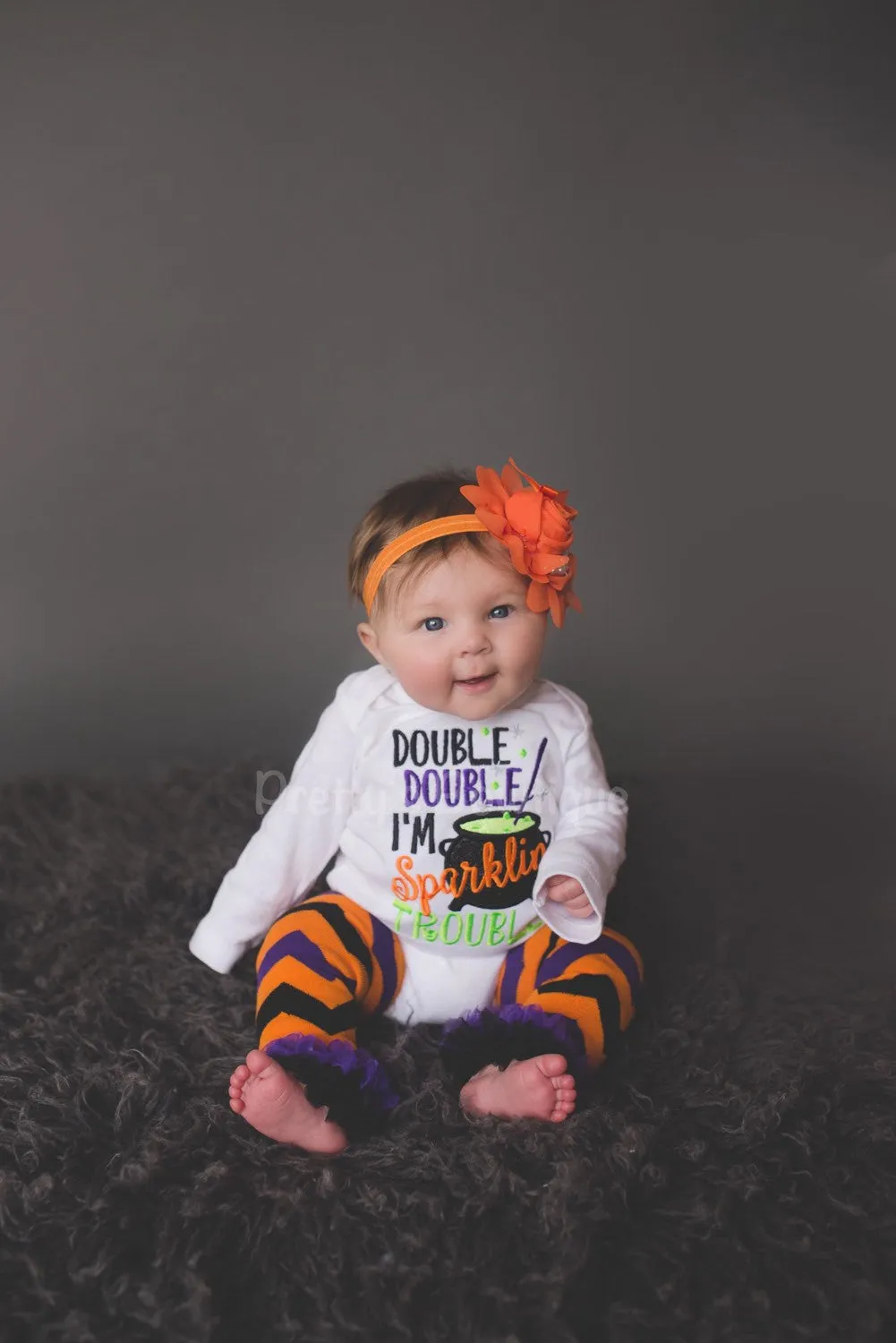 Baby girl Halloween outfit -- Double Double I'm sparklin trouble outfit bodysuit or shirt, headband and legwarmers. Halloween outfit