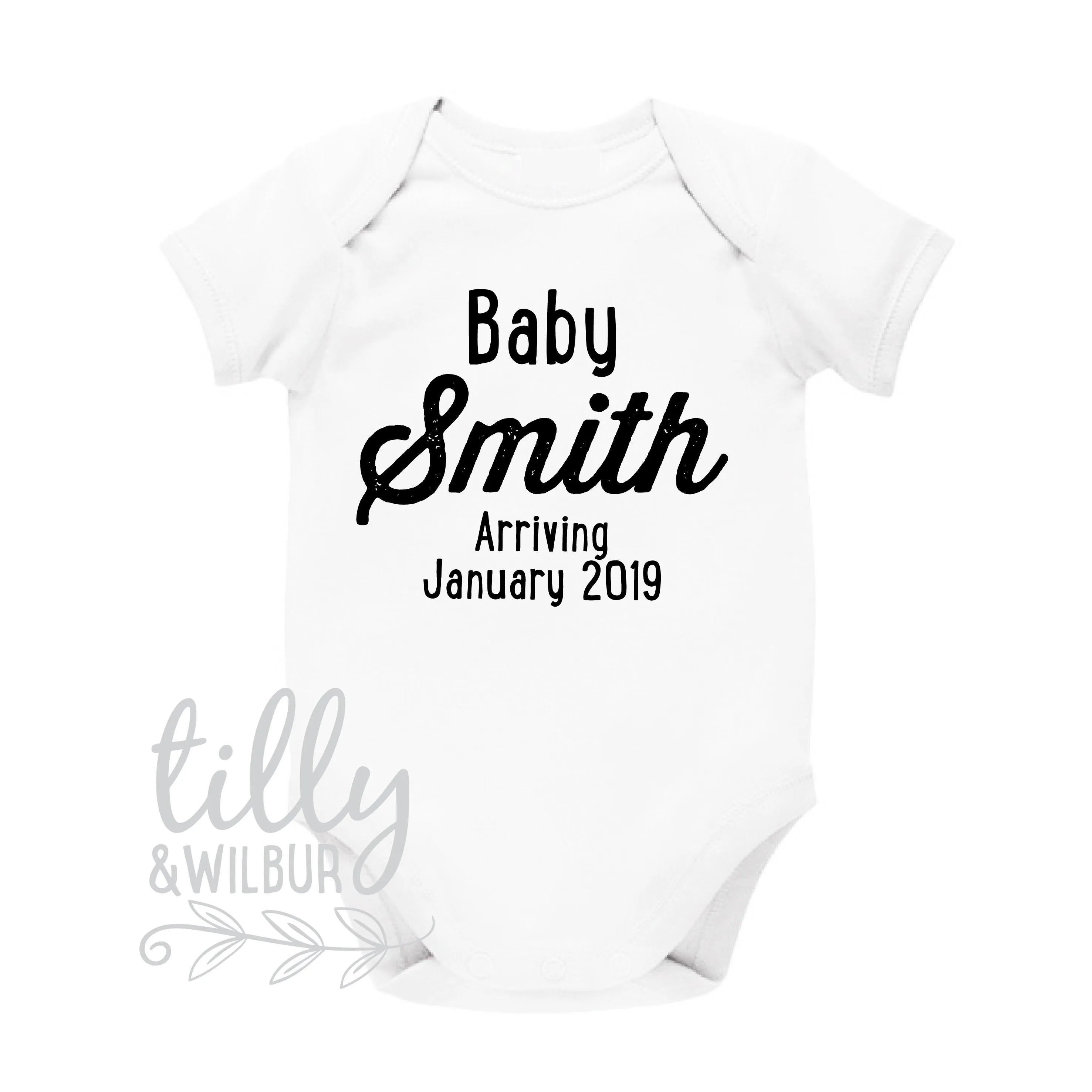 Baby "Surname" Arriving With Due Date Pregnancy Announcement Bodysuit