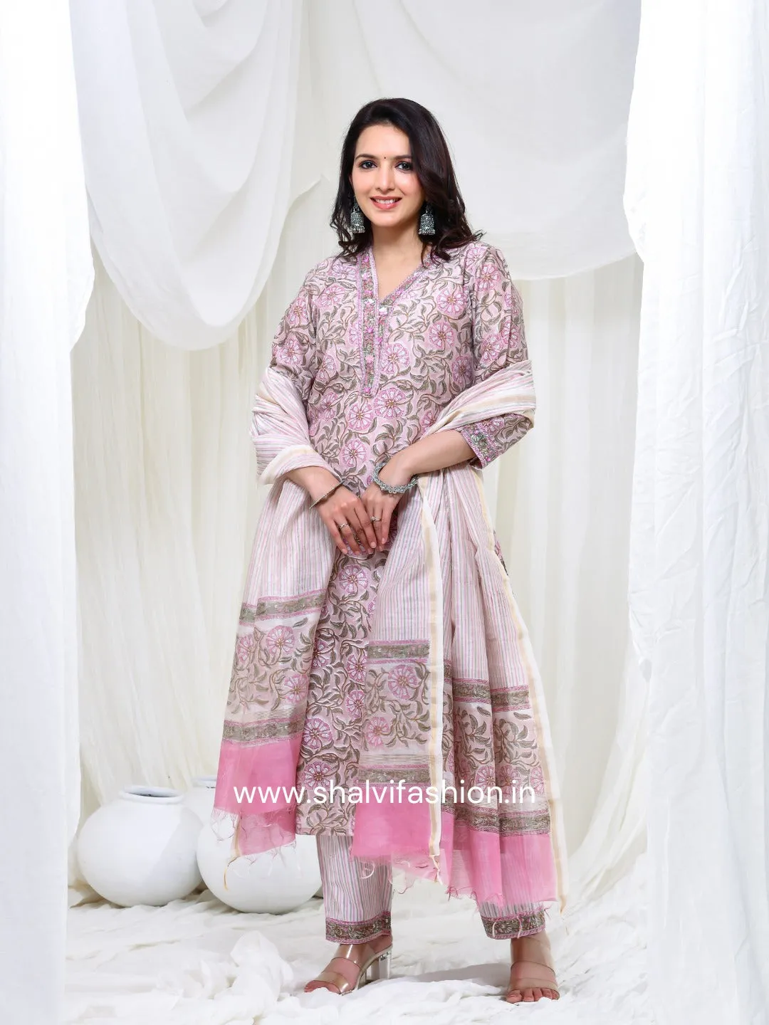 Bahar Floral Jaal Print Chanderi Cotton Suit Set with Chanderi Silk Dupatta (CSS156)