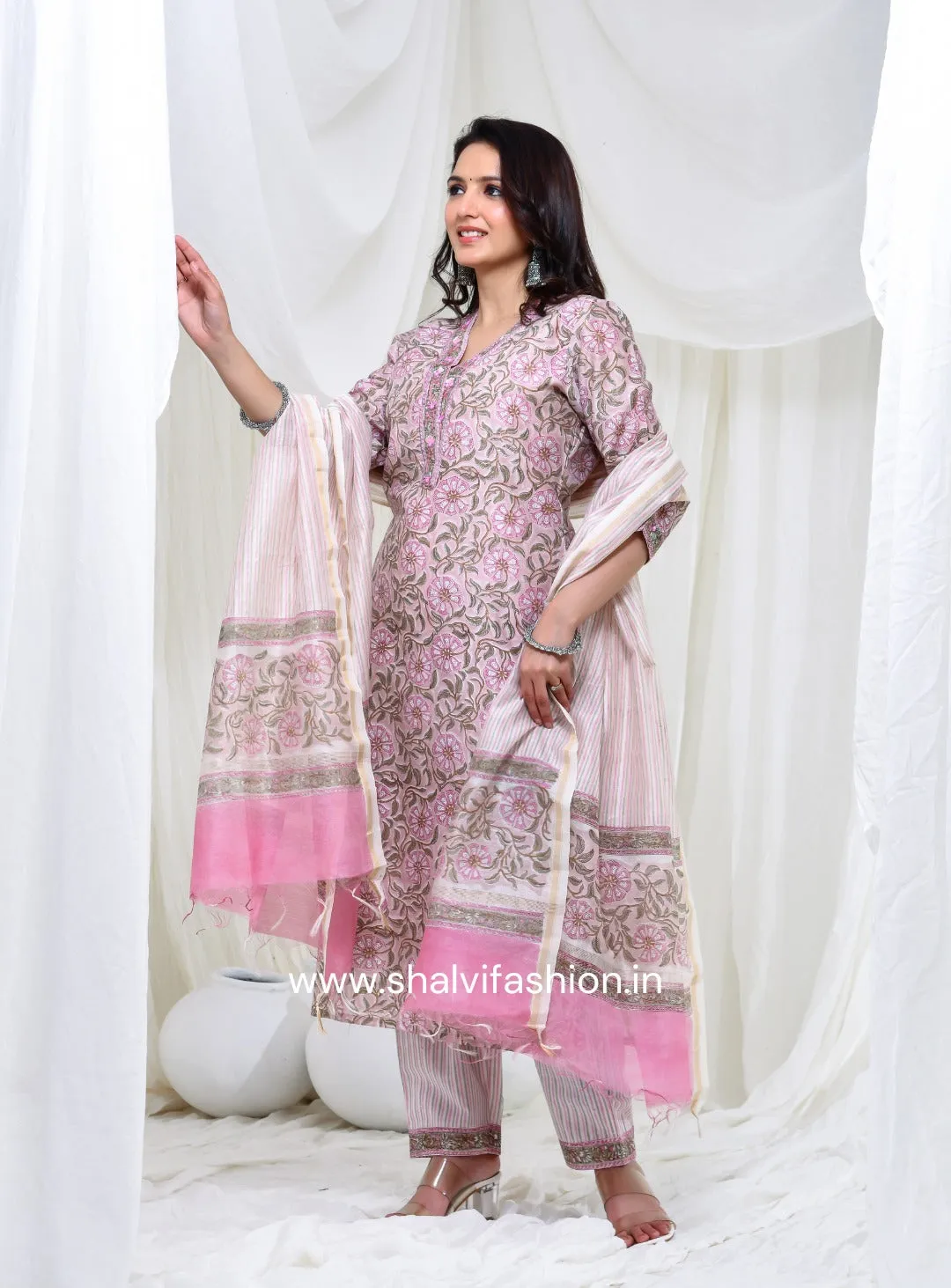 Bahar Floral Jaal Print Chanderi Cotton Suit Set with Chanderi Silk Dupatta (CSS156)