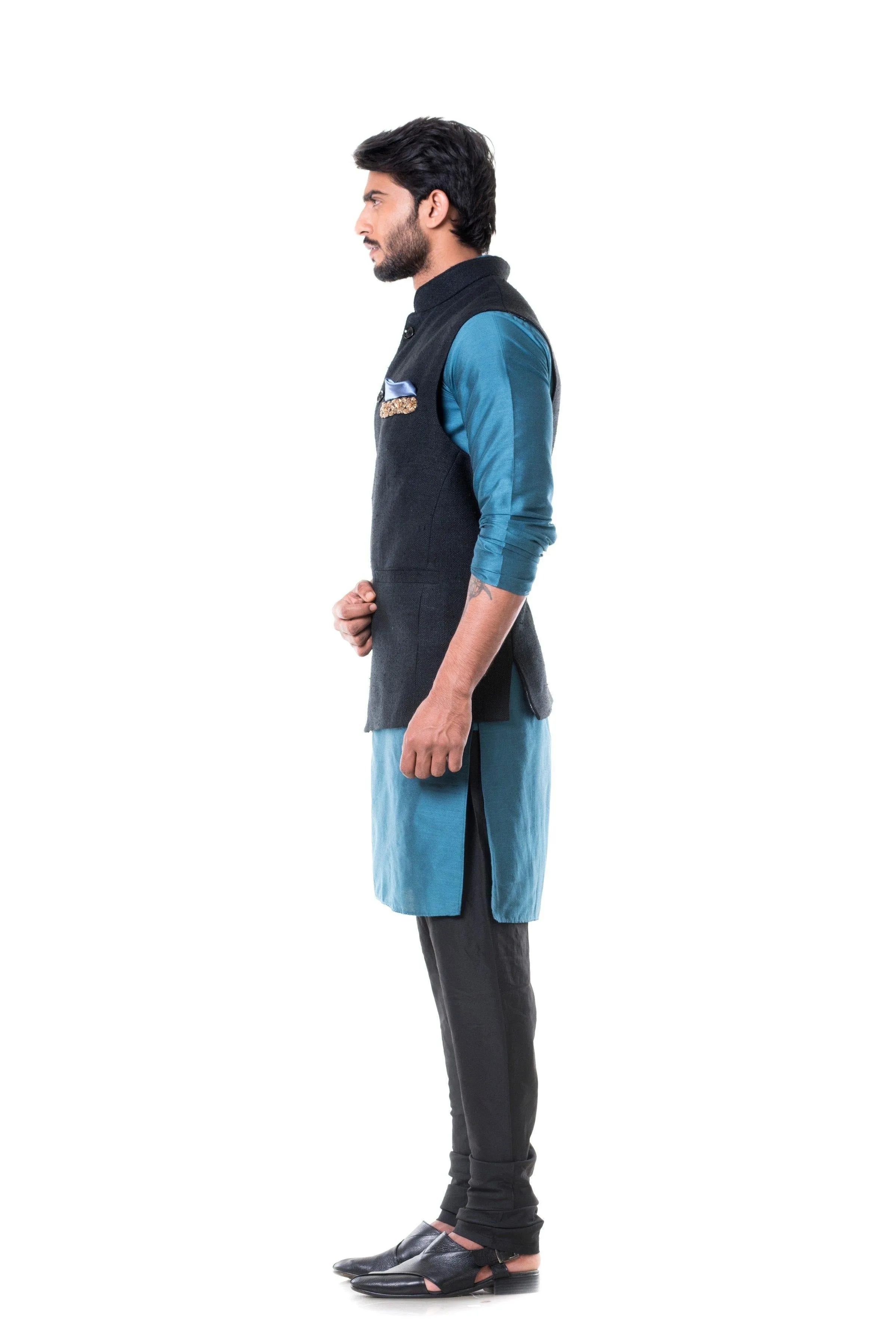 Blue Kurta With Black Waist Coat Set