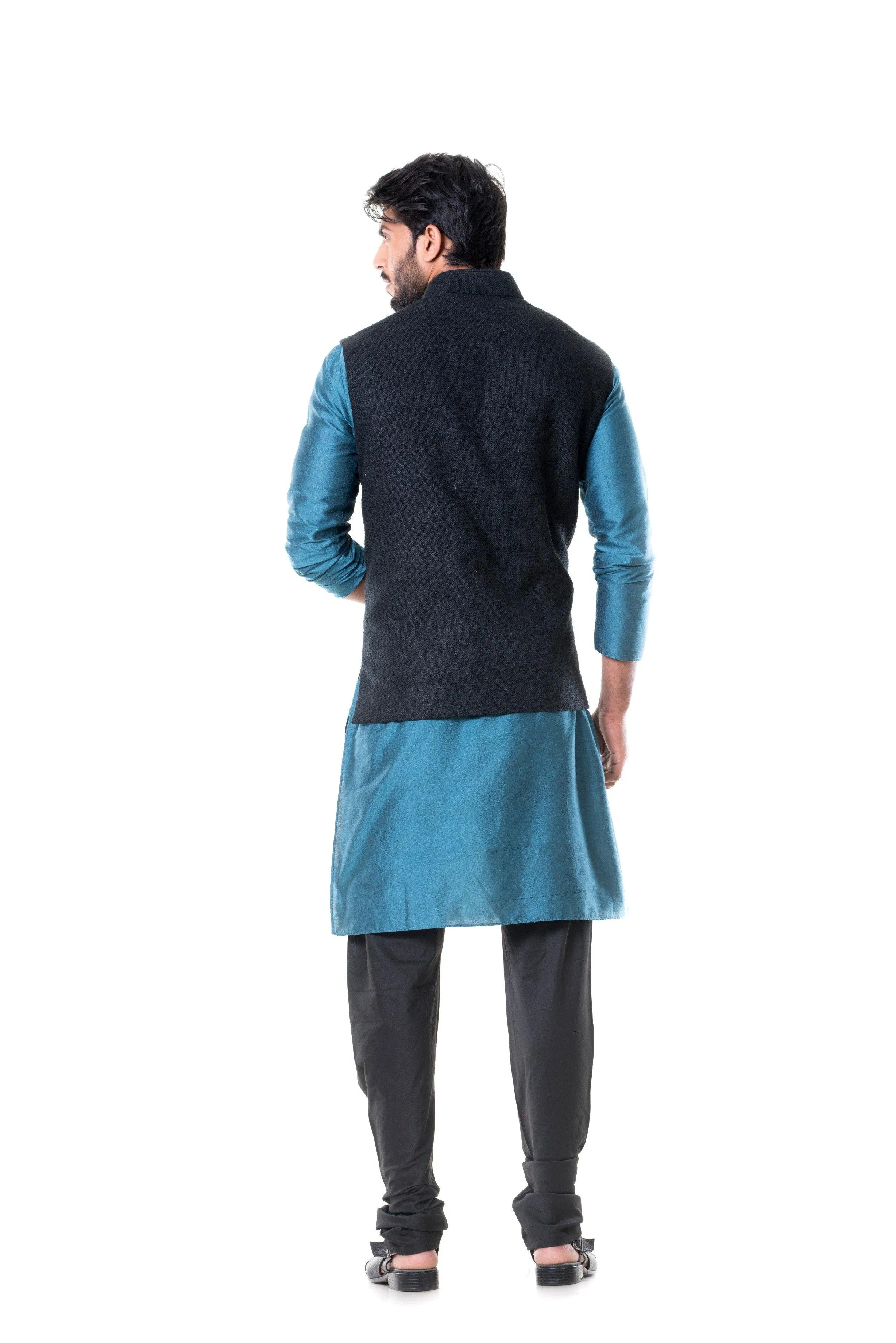 Blue Kurta With Black Waist Coat Set