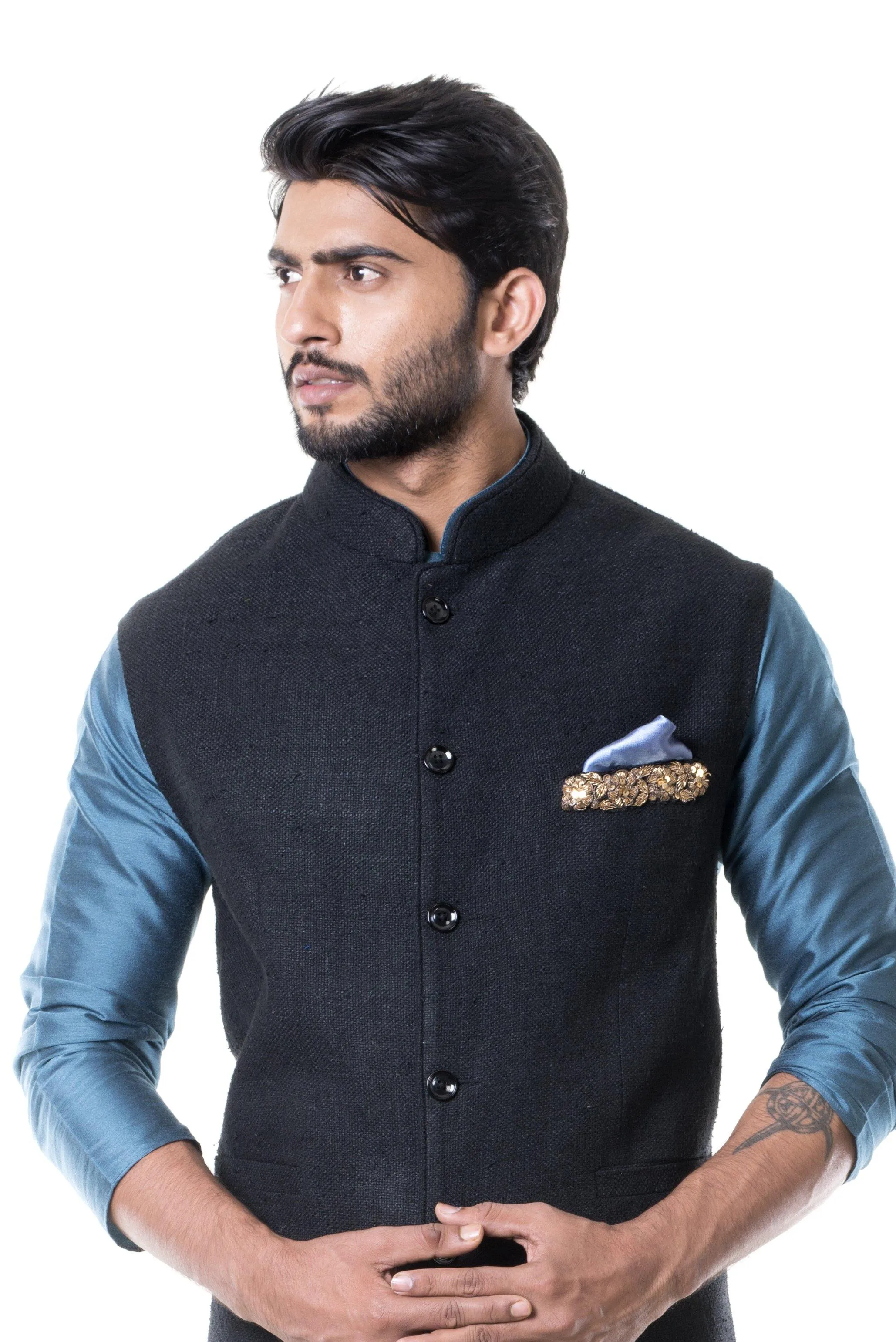 Blue Kurta With Black Waist Coat Set