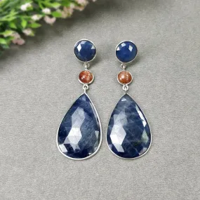 BLUE SAPPHIRE & SUNSTONE Gemstone Earring : 17.14gms Natural Sapphire 925 Sterling Silver Triple Dangle Bezel Set Earring 2.80"