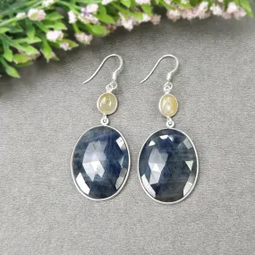 BLUE YELLOW SAPPHIRE Gemstone Earring : 12.79gms Natural Sapphire 925 Sterling Silver Drop Dangle Bezel Set Earrings 2.24"