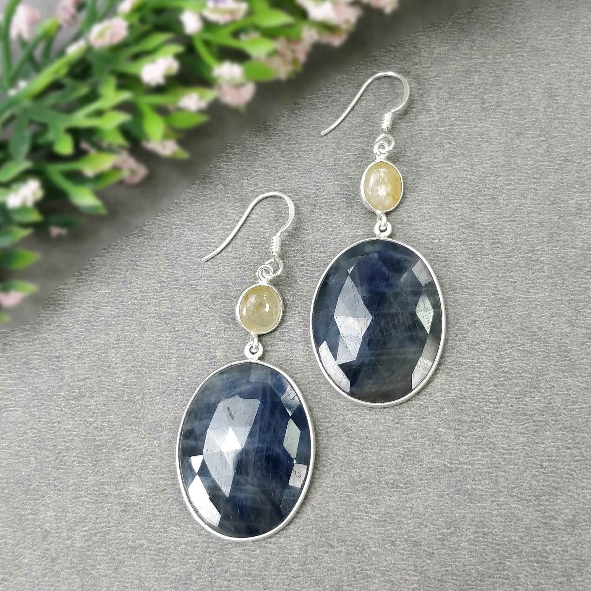 BLUE YELLOW SAPPHIRE Gemstone Earring : 12.79gms Natural Sapphire 925 Sterling Silver Drop Dangle Bezel Set Earrings 2.24"