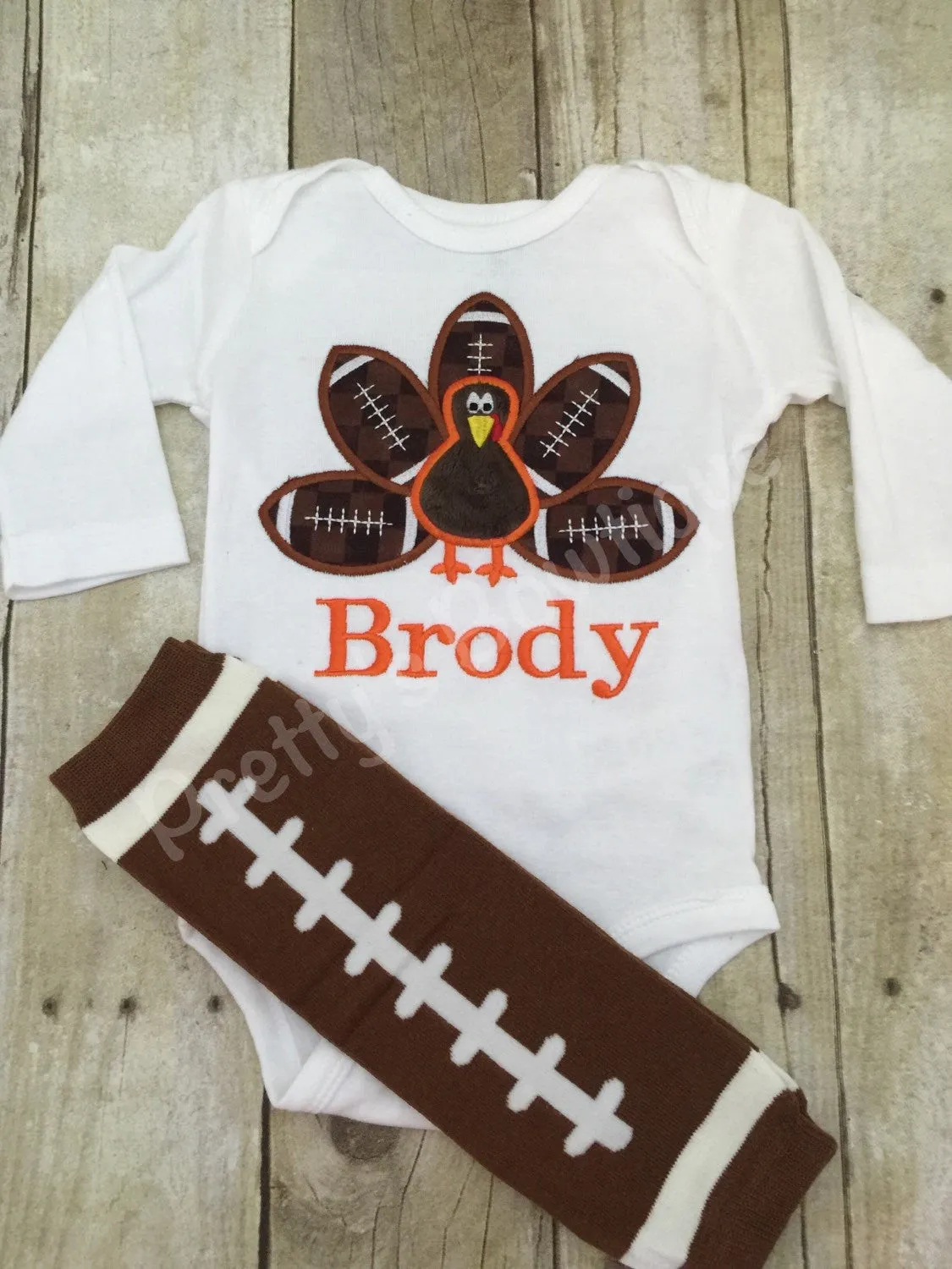 Boys Thanksgiving bodysuit or Shirt for babies, toddler, and children.  Football Turkey Shirt and legwarmers