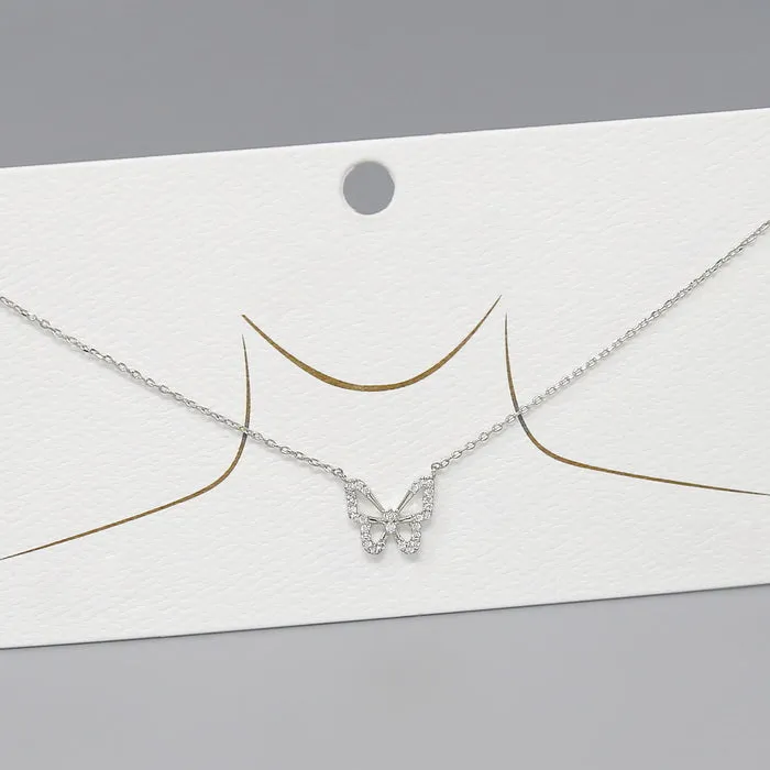 Butterfly CZ Pave Pendant Short Chain Necklace