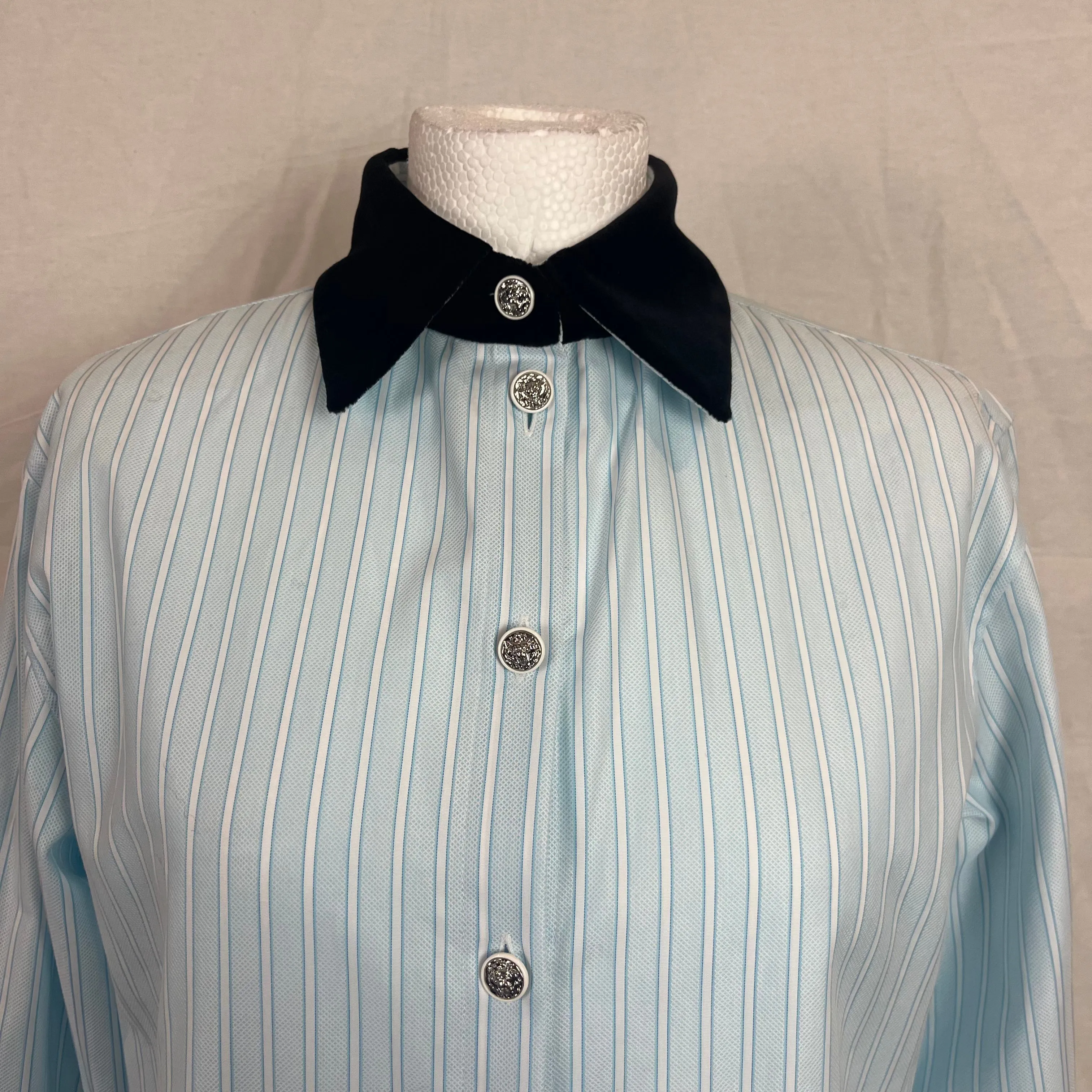 Chanel Brand New 2790 Blue Stripe Cotton Shirt with Velvet Collar XS