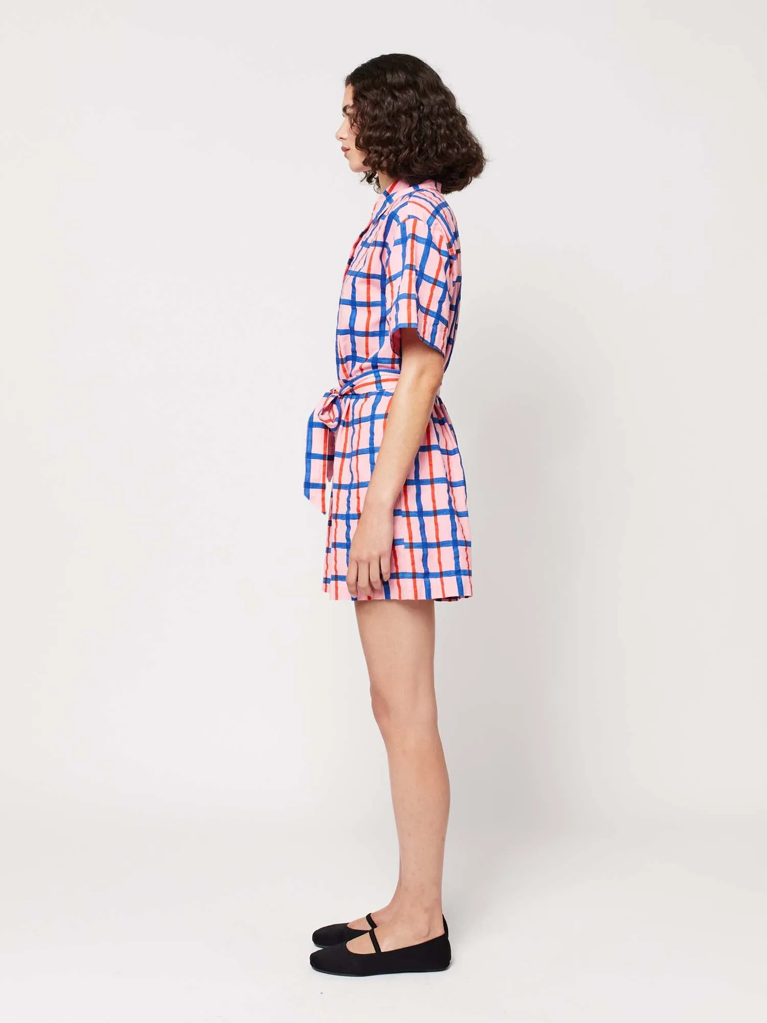 Checked Collar Buttoned Short Playsuit