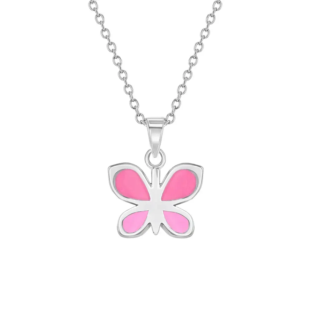 Children's Sterling Silver Pink Enamel Butterfly Necklace