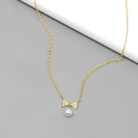 CZ Pave Bow Pendant Short Chain Necklace