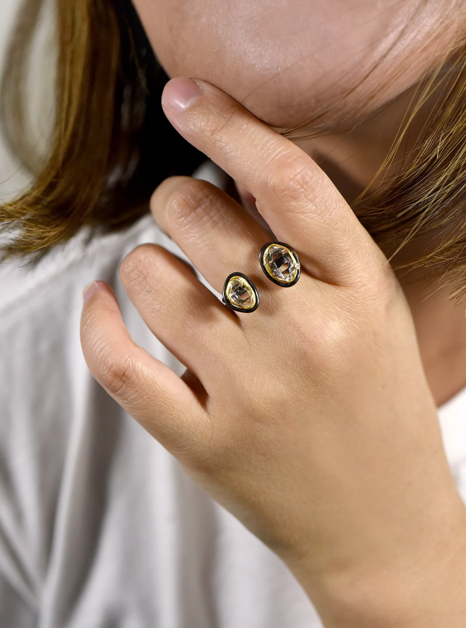 Double Bezel Quartz Herkimer Diamond Open Ring