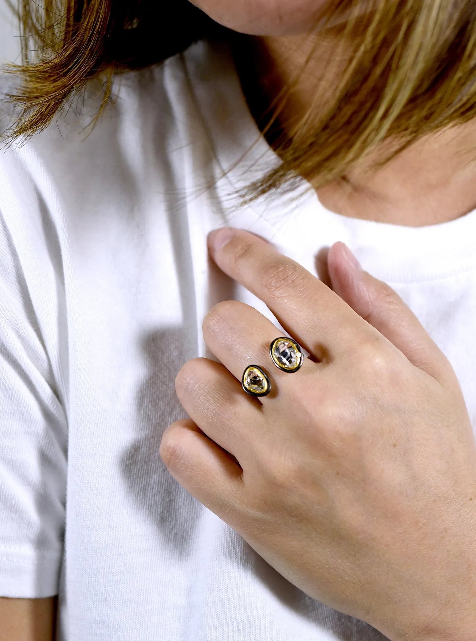 Double Bezel Quartz Herkimer Diamond Open Ring