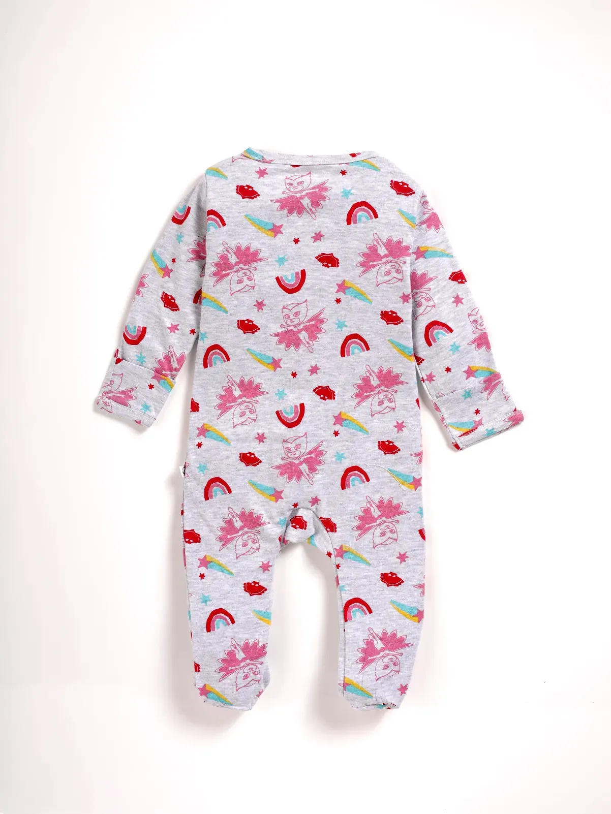 Full sleeve greyish violet & rainbow patterns zipper sleepsuit with cap for baby