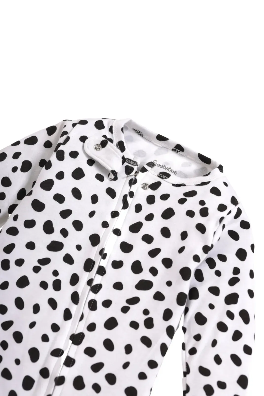 Full sleeve pure white & black dot pattern zipper sleepsuit with cap  for baby