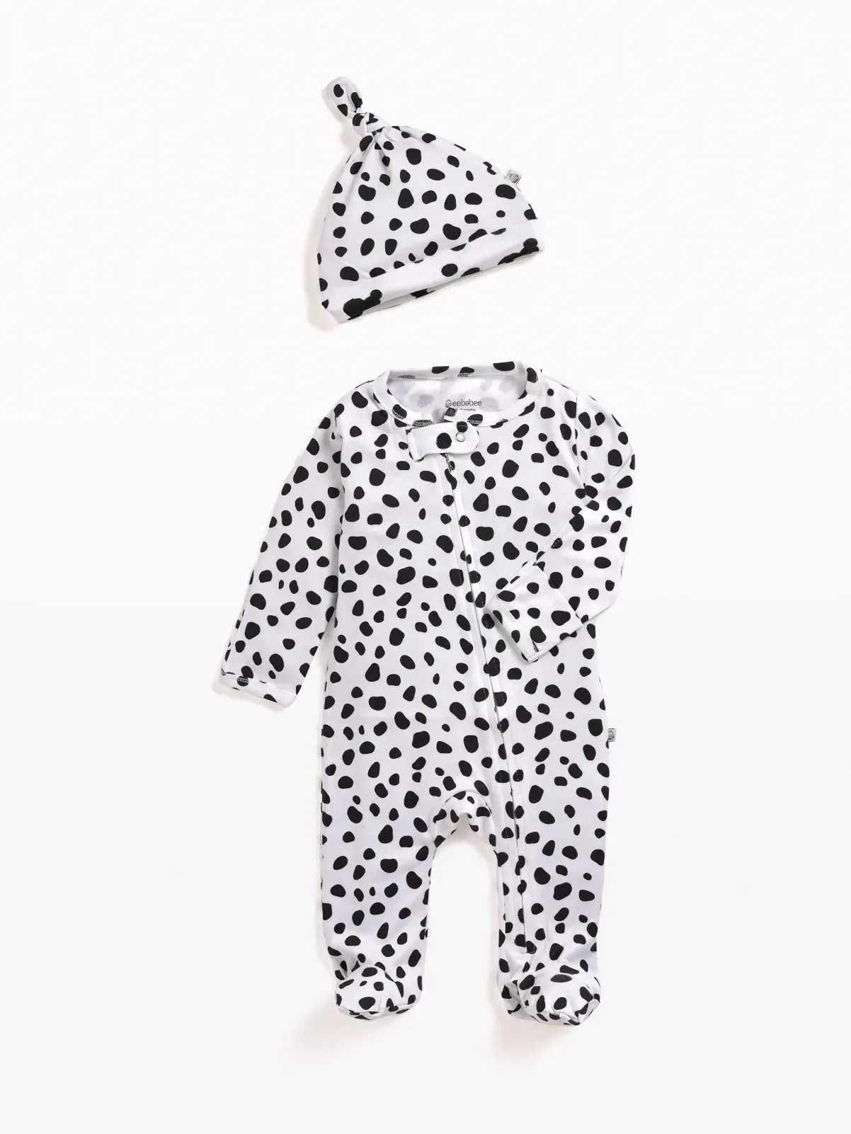 Full sleeve pure white & black dot pattern zipper sleepsuit with cap  for baby