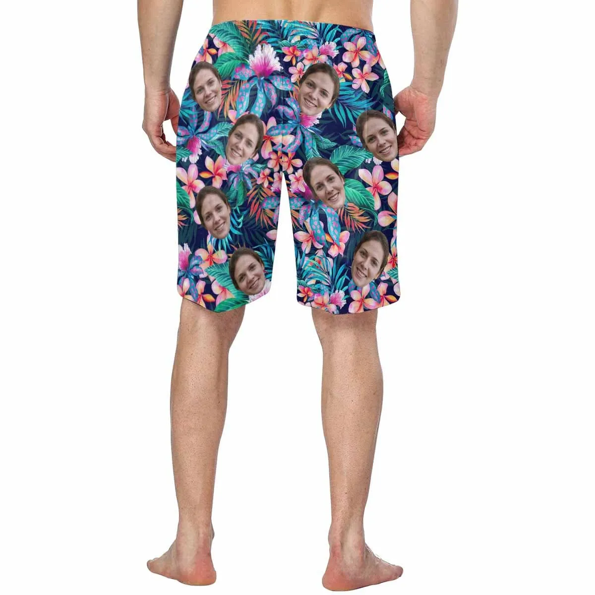 【Hot Selling】Custom Face Tropical Leaves Personalized Photo Men's Elastic Beach Shorts