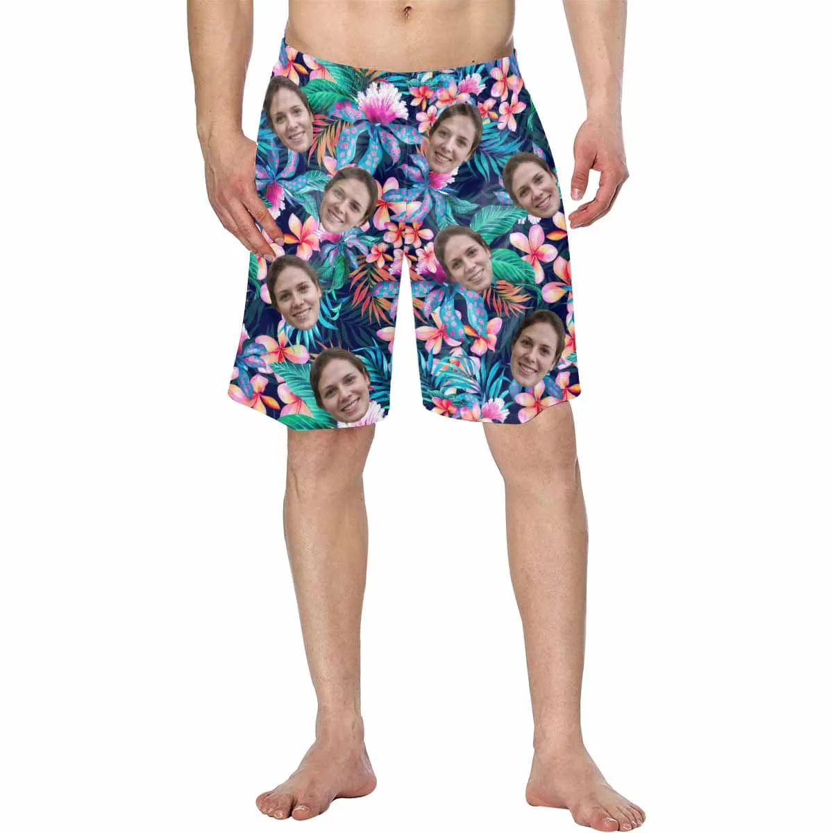 【Hot Selling】Custom Face Tropical Leaves Personalized Photo Men's Elastic Beach Shorts