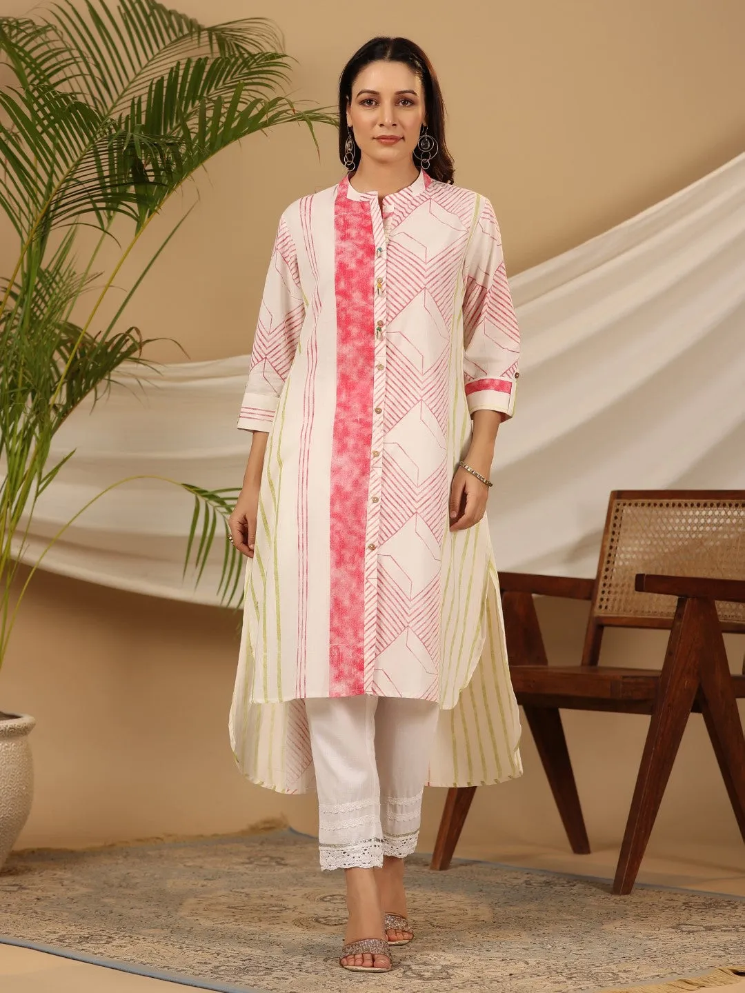 Juniper Multi-colour Stripped Pure Cotton Kurta With Beads Work