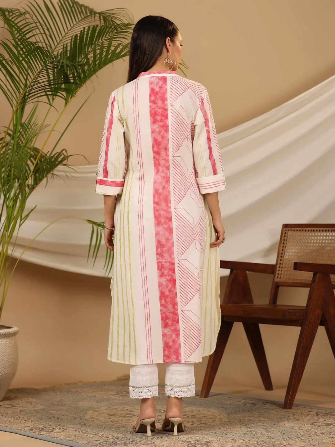 Juniper Multi-colour Stripped Pure Cotton Kurta With Beads Work