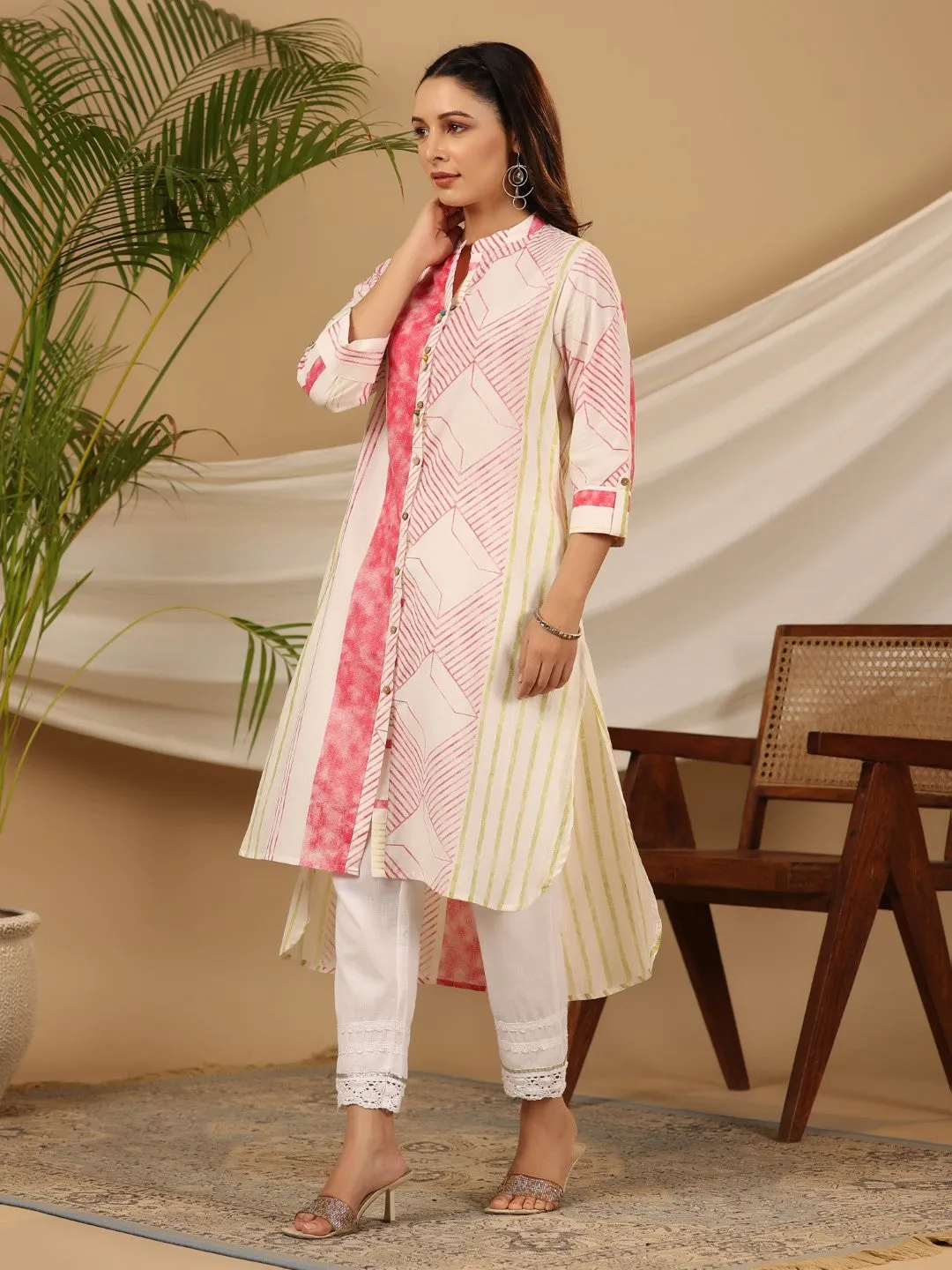 Juniper Multi-colour Stripped Pure Cotton Kurta With Beads Work