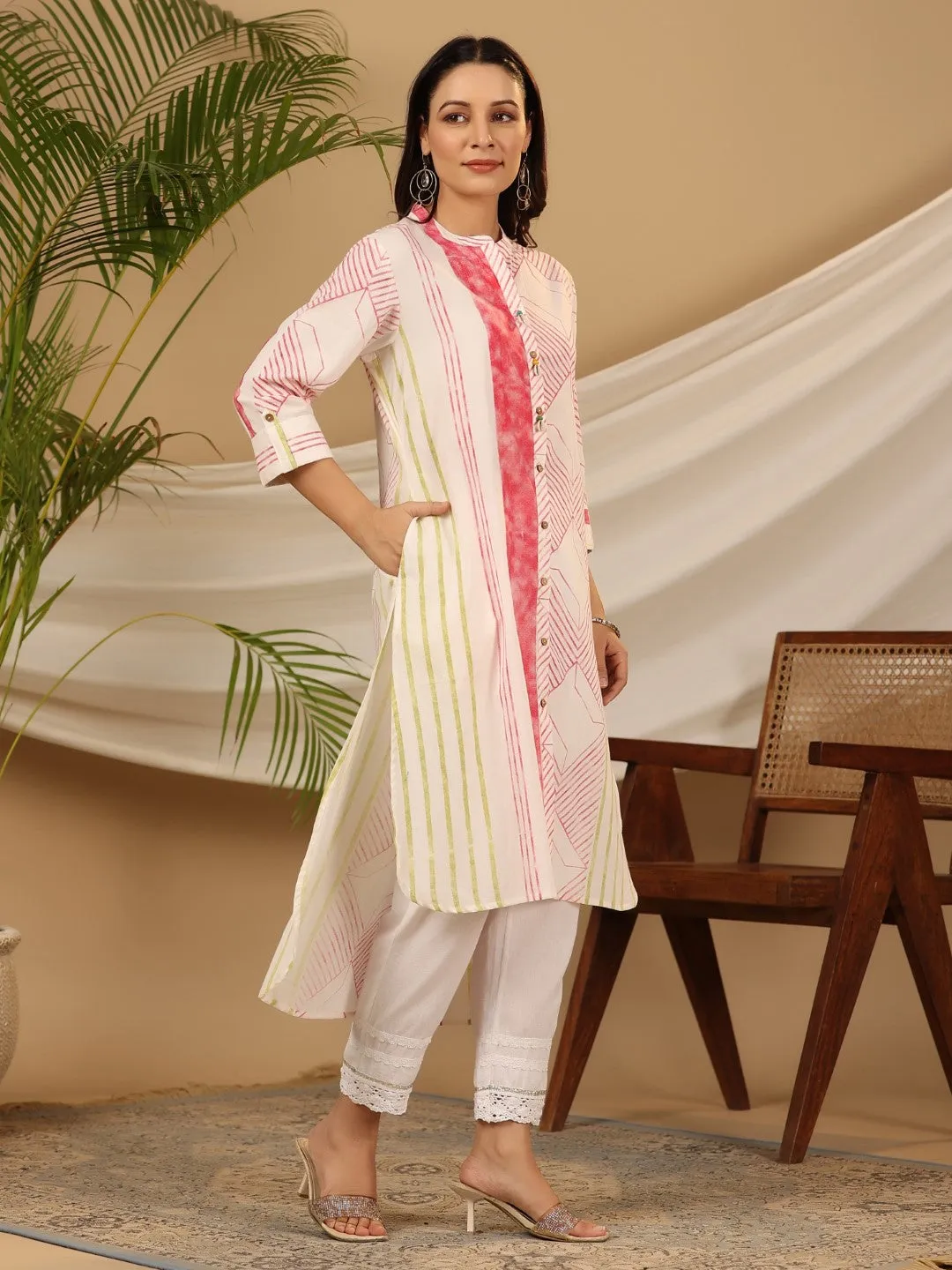 Juniper Multi-colour Stripped Pure Cotton Kurta With Beads Work