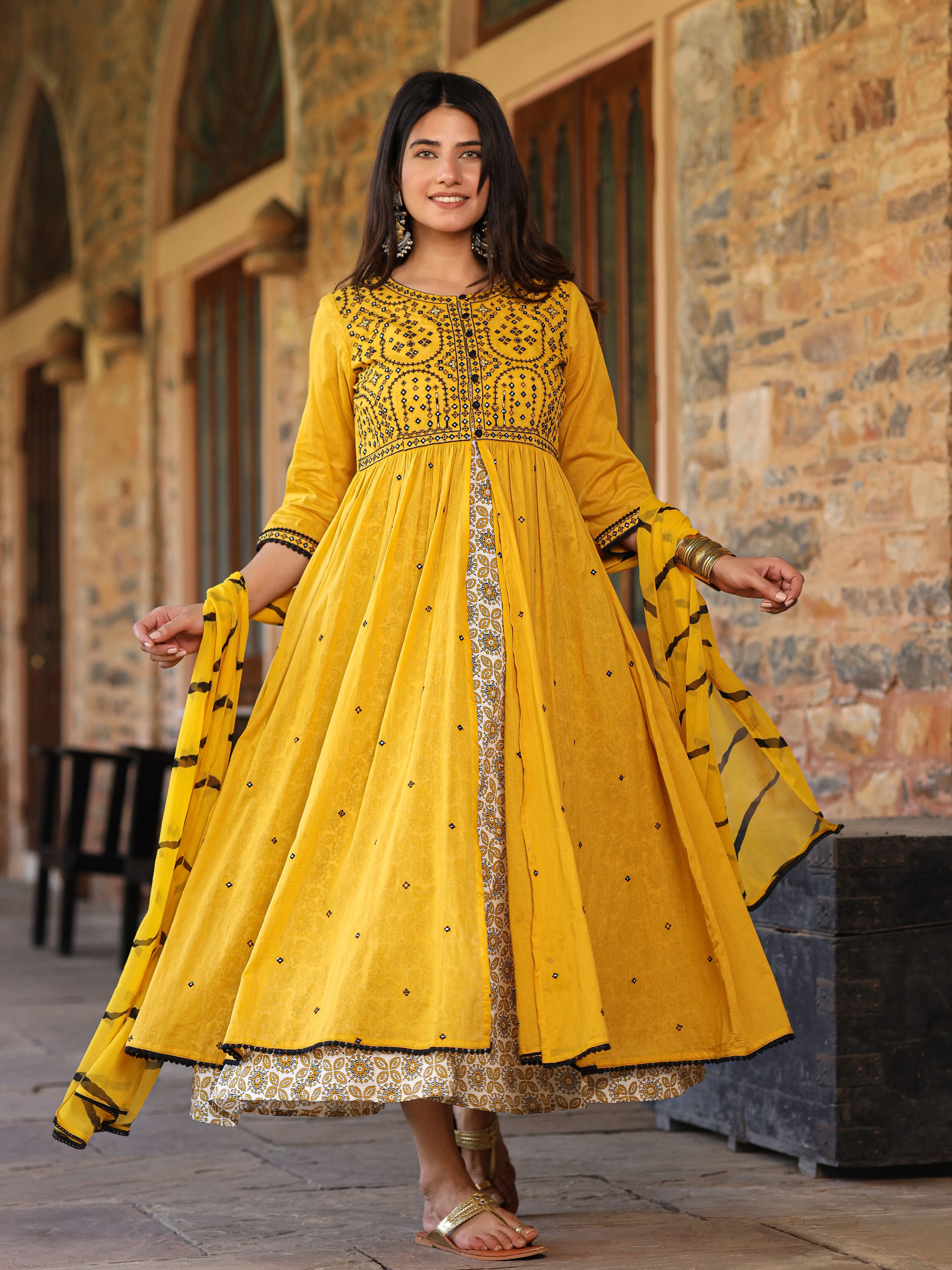 Juniper Mustard & Black Cotton  Embroidered Anarkali Dress With Jacket & Tie-Dye Dupatta