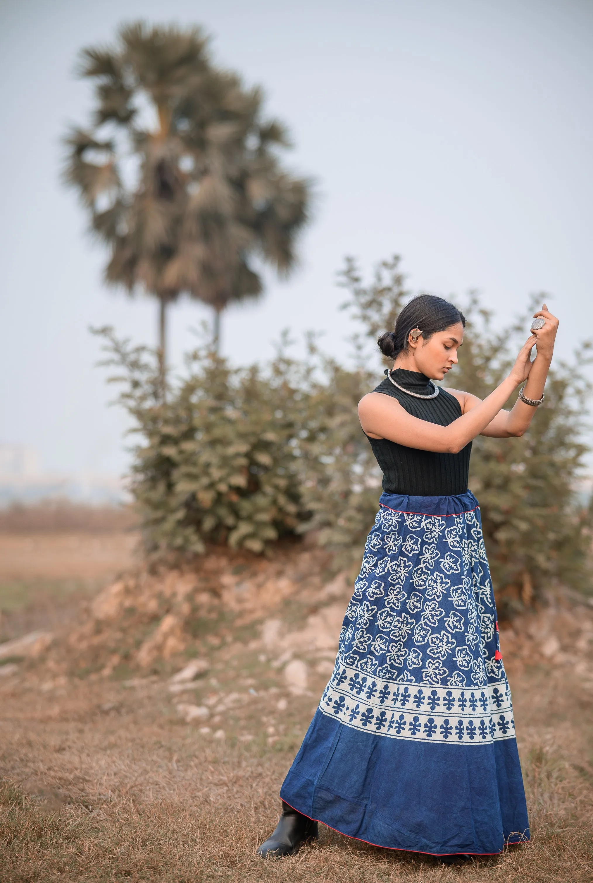 Kaisori Indigo Dabu leaf printed handblockprinted  skirt