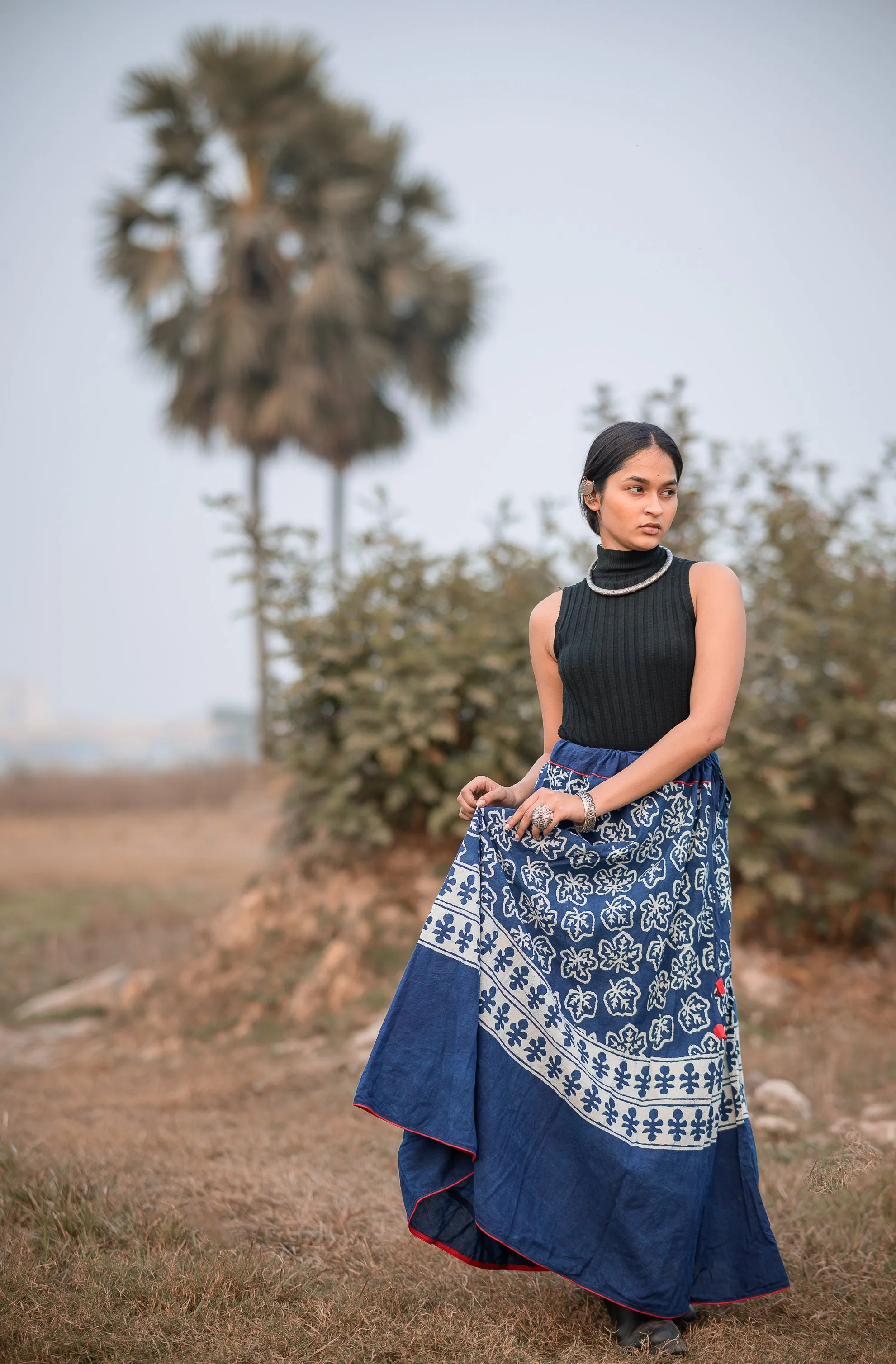 Kaisori Indigo Dabu leaf printed handblockprinted  skirt