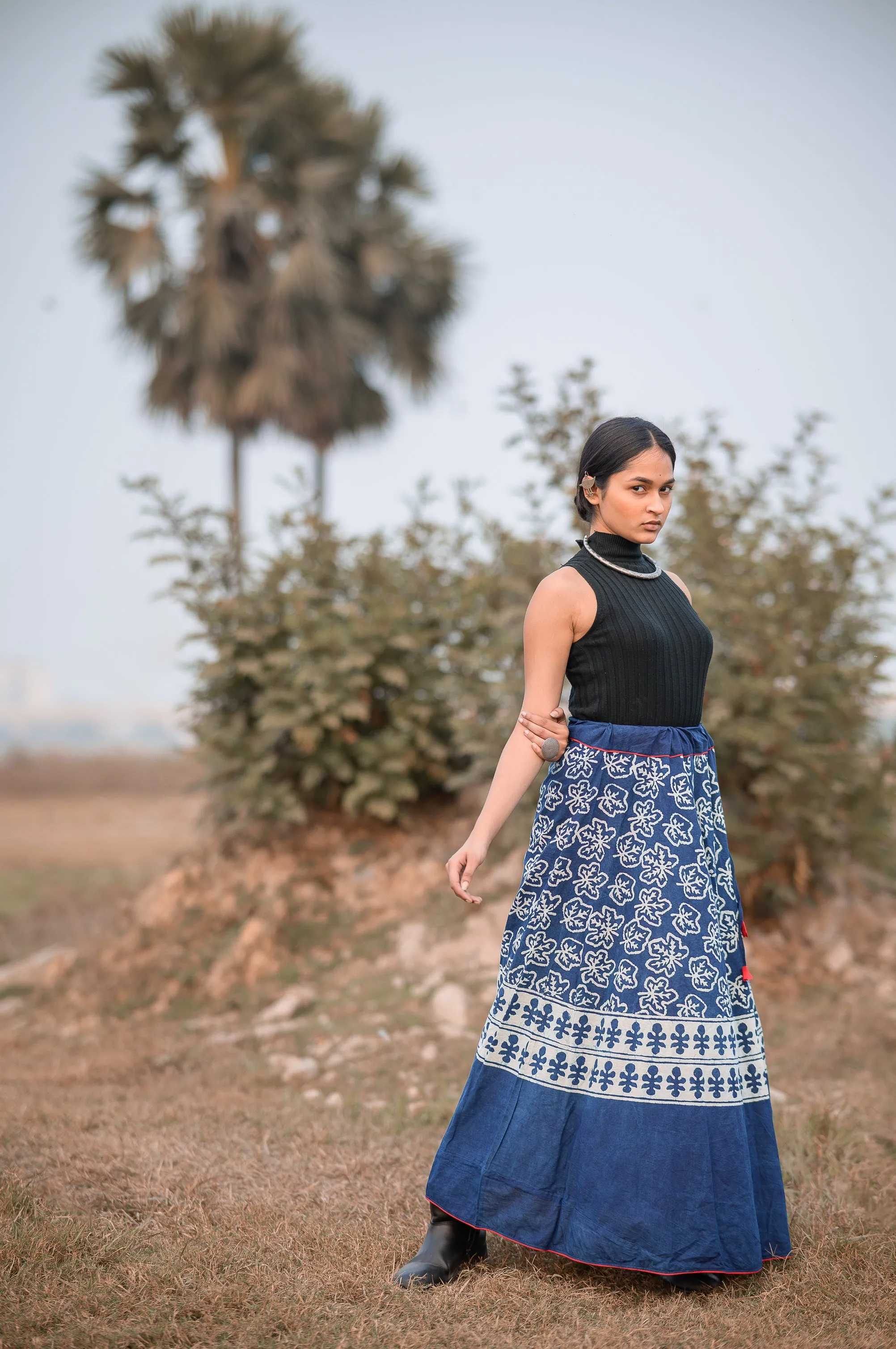 Kaisori Indigo Dabu leaf printed handblockprinted  skirt