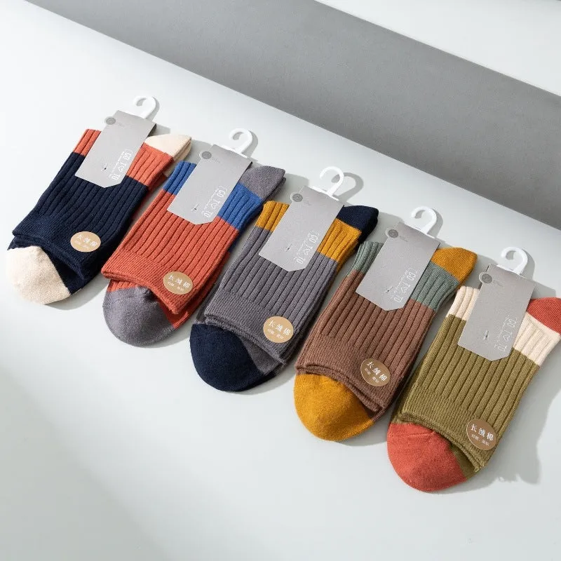 Men's Pure Cotton Socks Contrast Color Trendy Mid-Calf Length Socks